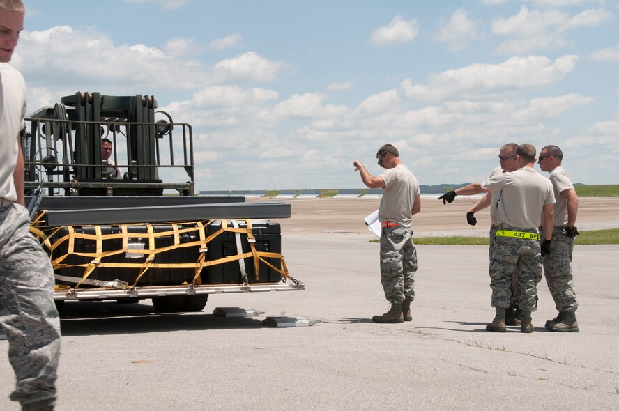 Members of the 134th Air Refueling Wing performing a Joint Inspection for airworthiness on aerospace ground equipment at the McGhee Tyson Air National Guard Base Cargo Deployment Function on June 2 2012. The 134th Air Refueling Wing conducted a Taker Strategic Aircraft Regeneration Team (TSART) exercise over drill weekend in June. 