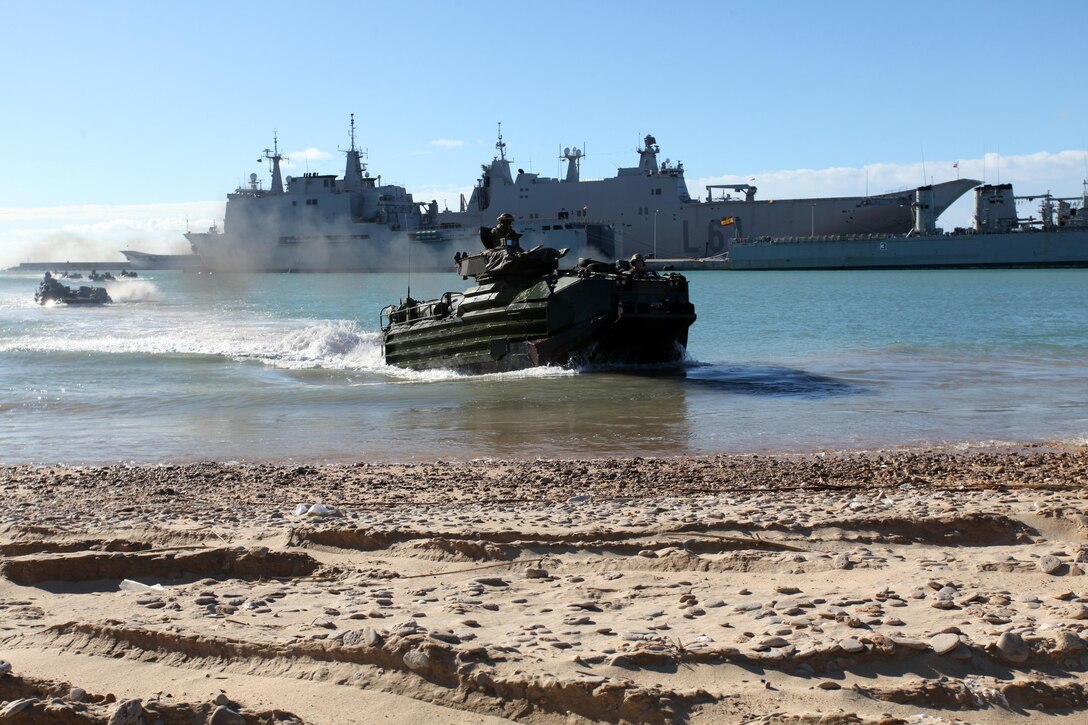 Marines with Alpha Company, Battalion Landing Team 1st Battalion, 2nd Marine Regiment, 24th Marine Expeditionary Unit, land assault amphibious vehicles on the beach at Naval Station Rota, Spain, in preparation for wash down procedures, Nov. 11, 2012. Marines conducted the wash down to clean dirt and debris from their vehicles and equipment in preparation for their scheduled return to their home bases in North Carolina later this year. The 24th MEU is deployed with the Iwo Jima Amphibious Ready Group and is currently in the 6th Fleet Area of Responsibility as a disaster relief and crisis response force. Since deploying in March, they have supported a variety of missions in the U.S. Central and European Commands, assisted the Navy in safeguarding sea lanes, and conducted various bilateral and unilateral training events in several countries in the Middle East and Africa.
