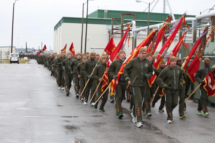Marine Aircraft Group 26 went for a motivational run around Marine Corps Air Station New River, Nov. 7. The run was in celebration of the Marine Corps’ 237th birthday and was led by Lt. Col. Christopher C. Seymour, MAG-26 commanding officer and Sgt. Maj. Scott L. Booth, MAG-26 sergeant major. MAG-26 serves the Corps by providing ground units with aviation support. 