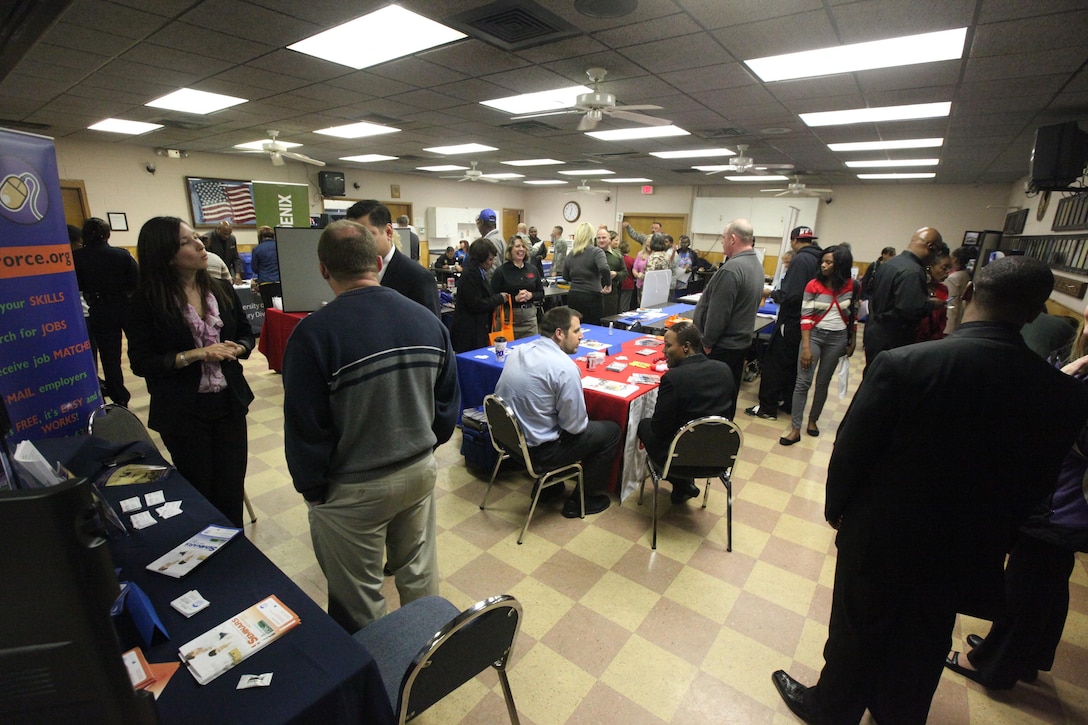 Disabled veterans, retirees and military spouses speak to employers during the “Hire a Veteran Week” job fair hosted at the Disabled American Veterans hall in Jacksonville Nov. 14. The North Carolina Department of Commerce’s Division of Workforce Solution joined with Onslow County Job Links and Disabled American Veterans to host the event. 