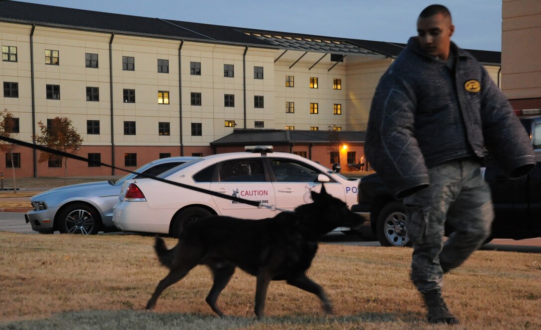 Senior Airman Julian Becerra uses Duck a military working dog to demonstrate how the dogs escort suspects during a demonstration at the Airman & Family Readiness Center on Nov. 19.  (U.S. Air Force Photo/Kimberly Parker)