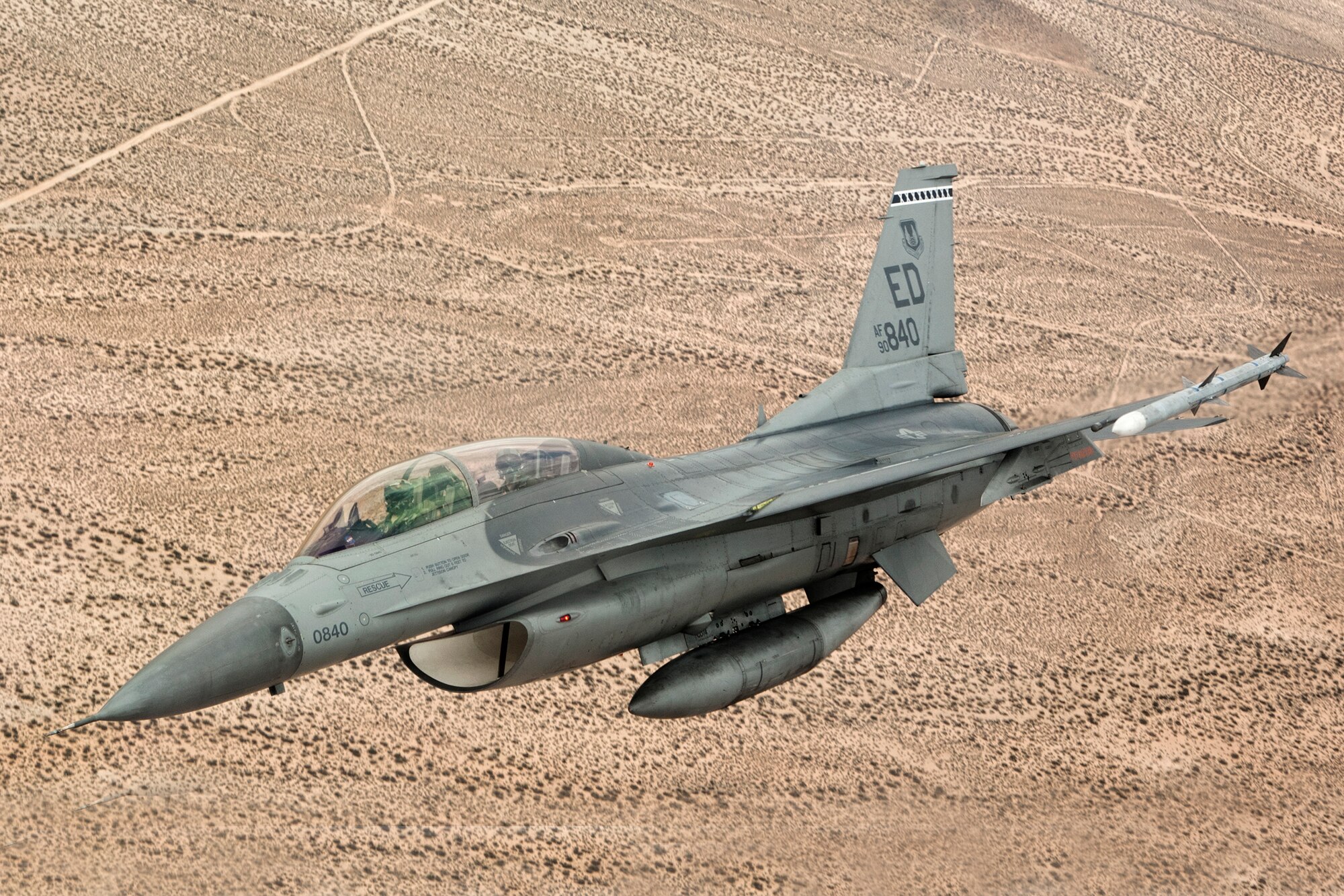 The U.S. Air Force's F-16D, tail # 840, is currently assigned and tested at the 416th Flight Test Squadron and was initally used as the Automatic Collision Avoidance Technology, or ACAT, aircraft in the ACAT Fighter Risk Reduction Project. This project was created to develop collision avoidance technologies for fighter/attack aircraft that would reduce the risk of ground and mid-air collisions. (Photo by Chad Bellay/Lockheed Martin)