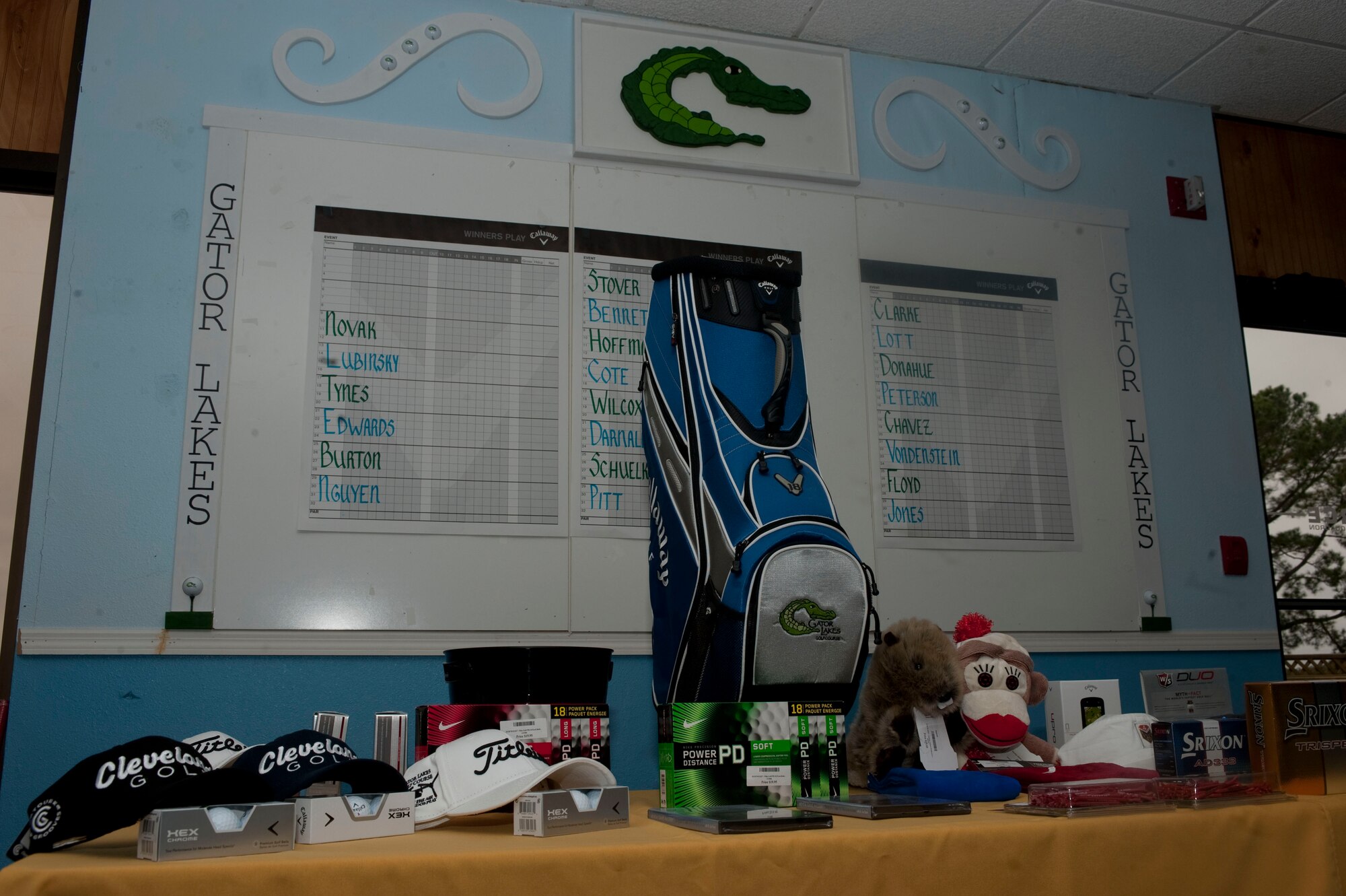 Prizes from the Airman Appreciation Golf Tournament are displayed at Gator Lakes Golf Course at Hurlburt Field, Fla., Nov. 16, 2012. The Airmen participating in the tournament were atoumaticly entered in drawings to win prizes. (U.S. Air Force Photo/Airman 1st Class Hayden K. Hyatt)