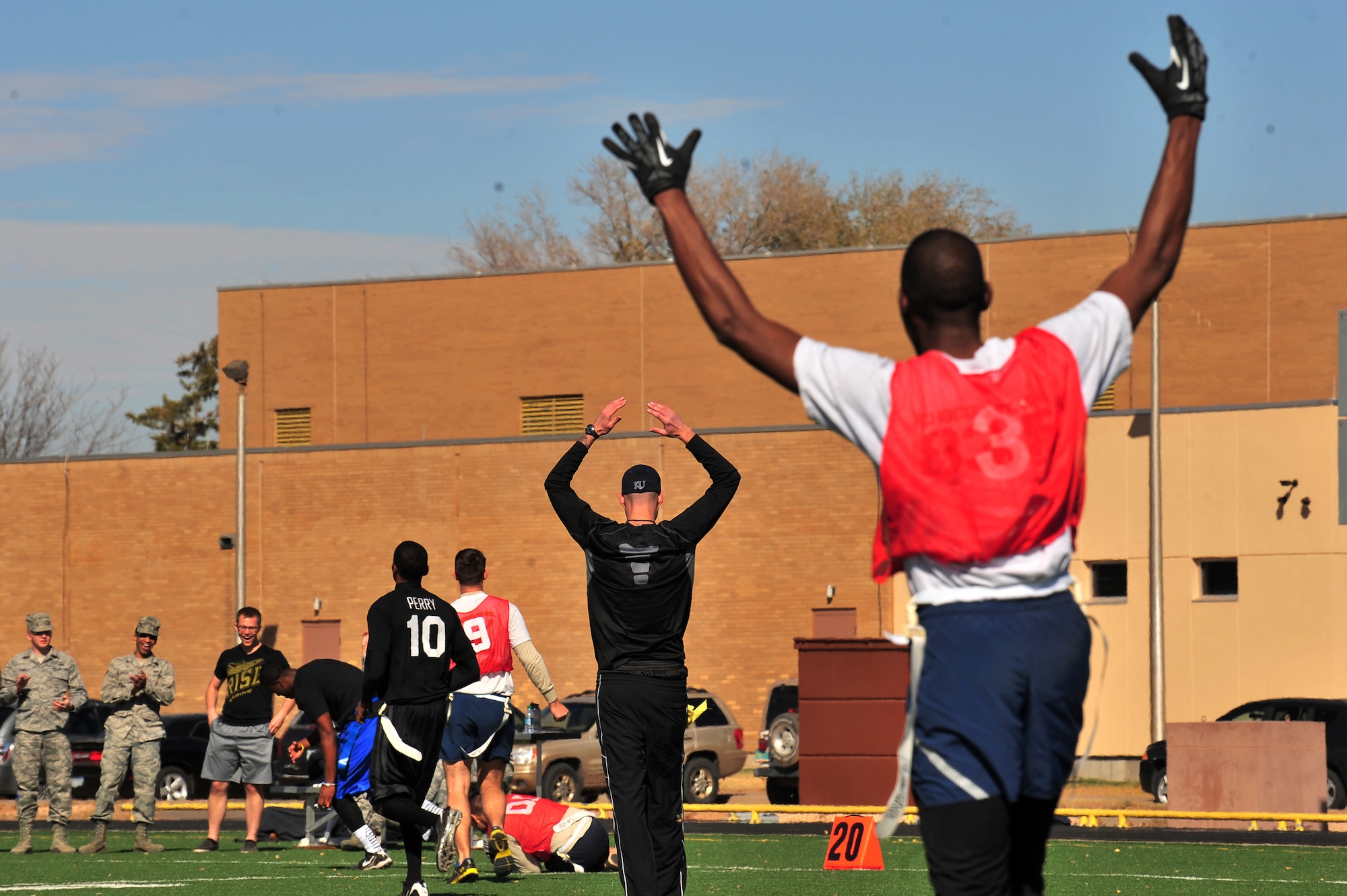 Members of the 27th Special Operations Contracting Squadron took on members of the 27th Special Operations Comptroller Squadron during the second annual Turkey Bowl at Cannon Air Force Base, N.M., Nov. 16, 2012. This was the second annual Turkey Bowl held at Cannon between the 27 SOCONS and the 27 SOCPTS. (U.S. Air Force photo/2nd Lt. Angelica Powell)    