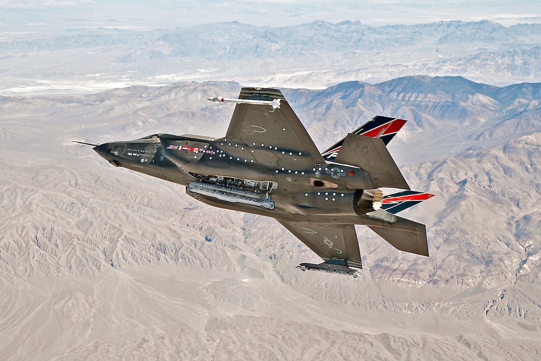The Joint Strike Fighter began the integration phase of weapons testing Oct. 26 when the F-35A Conventional Takeoff and Landing (CTOL) aircraft successfully completed the first in-flight test with an AIM-120 Advanced Medium Range Air-to-Air Missile. 
It was the first time a weapon communicated with the aircraft during flight using a data link. (Courtesy photo by Matthew Short/Lockheed Martin)
