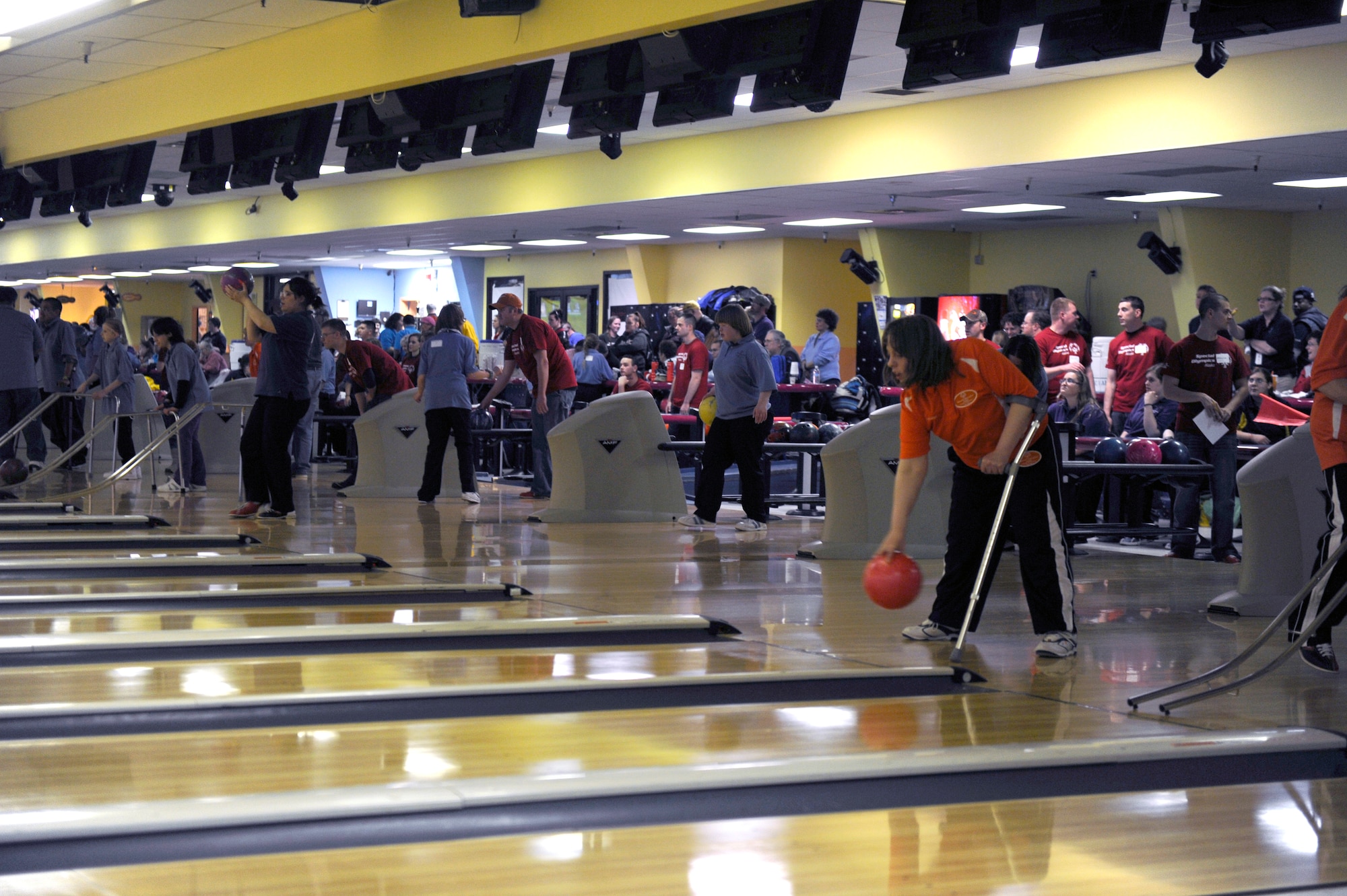 JOINT BASE ELMENDORF-RICHARDSON, Alaska -- Special Olympics participants enjoy their games of bowling during the 2012 Special Olympics Bowling Tournament held at the Polar Bowl Nov. 16. Participants have come from all over Alaska to demonstrate their skills as bowlers. (U.S. Air Force photo/Airman Ty-Rico Lea)