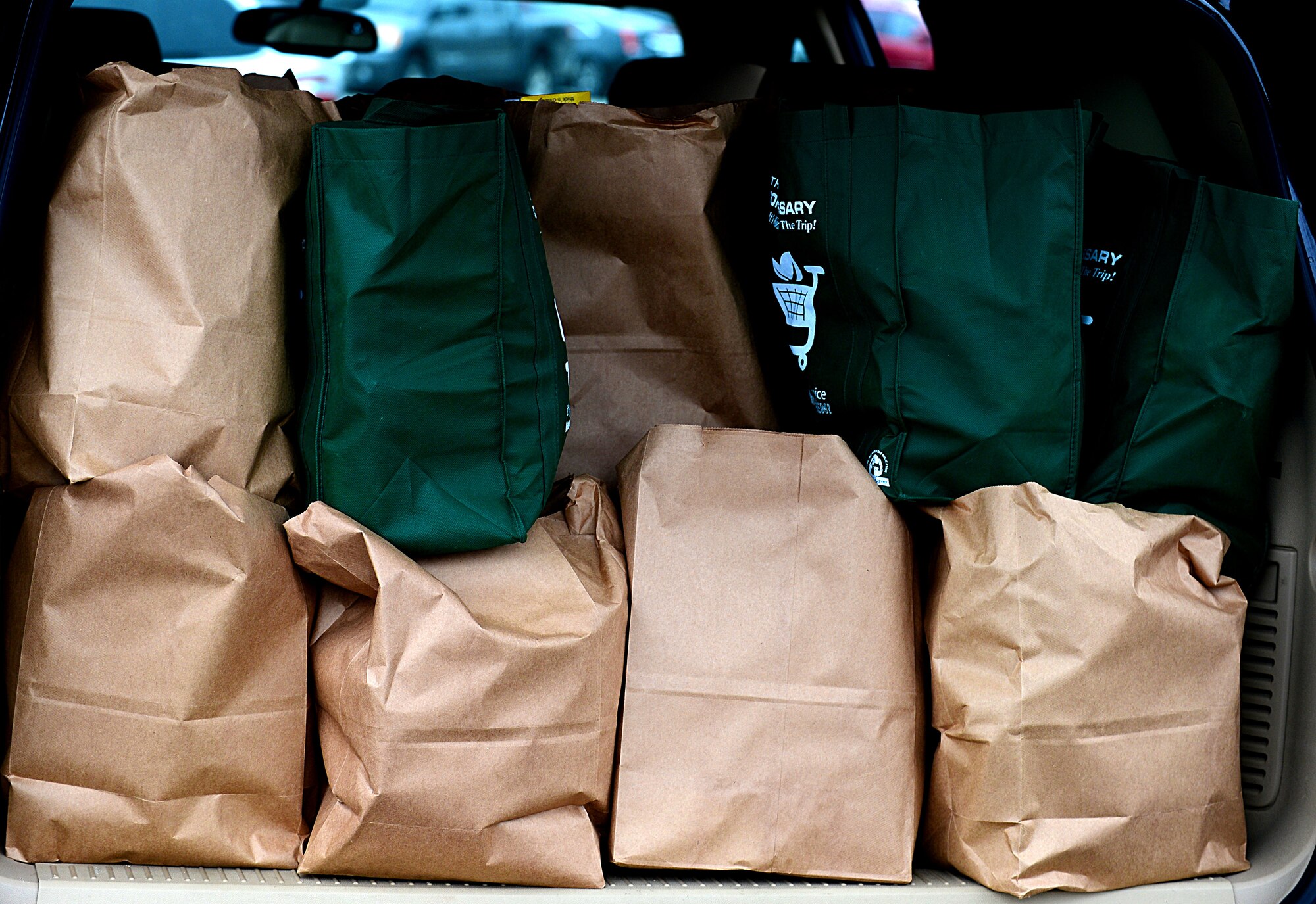 Bags full of groceries await delivery to eligible junior enlisted Airmen at Langley Air Force Base, Va., Nov. 19, 2012.  Operation Warmheart is a non-profit organization established to distribute charitable funds to Langley families throughout the year. (U.S. Air Force photo by Airman 1st Class Kayla Newman/Released)