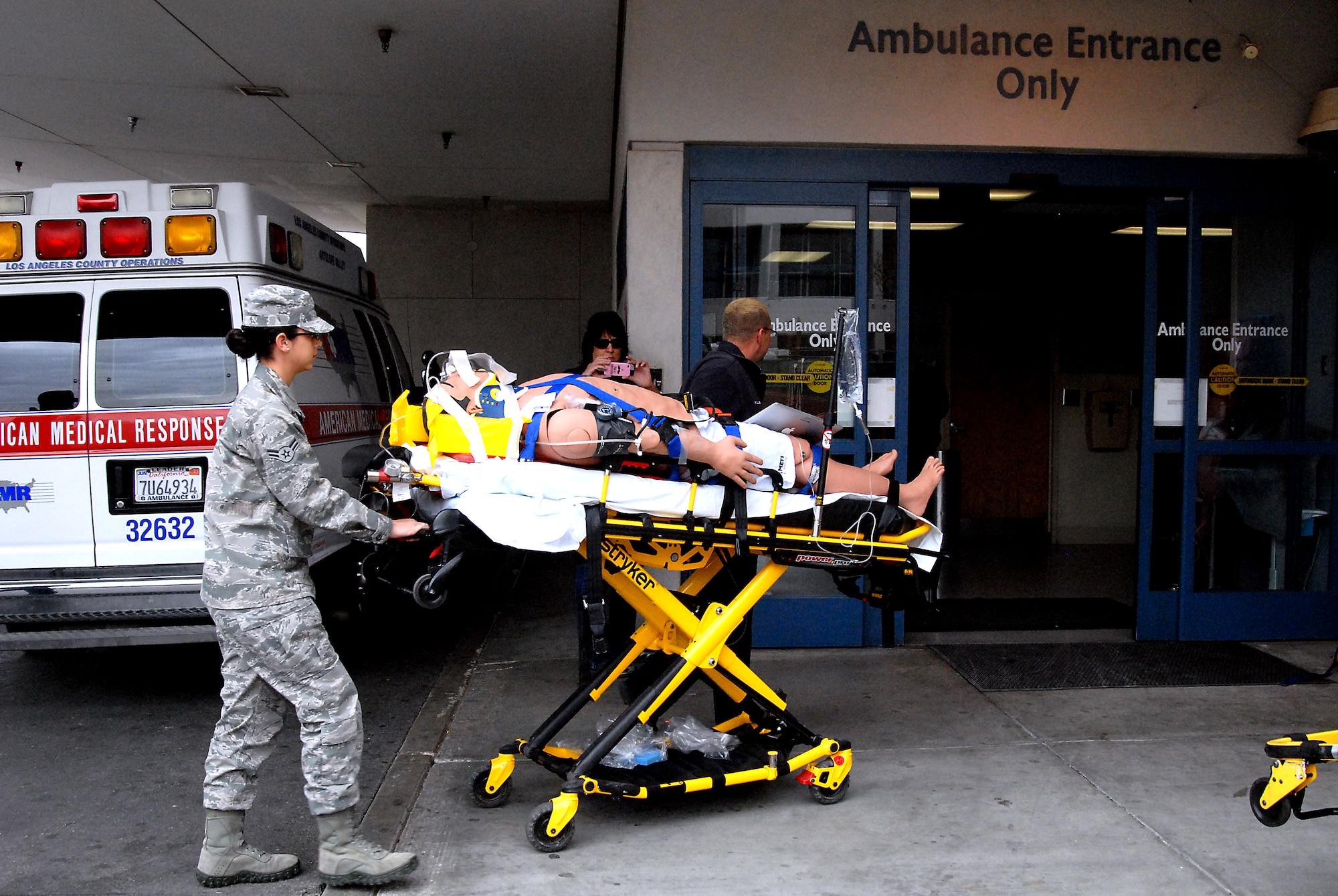 Five injured personnel were transported to Antelope Valley Hospital in Lancaster during Exercise Desert Wind 13-02. Included in the group was the The METIman mannequin, a highly technical, highly advanced mannequin that assists in training and is owned by the 412th Medical Group. It added to the exercise scenario by allowing medics to go beyond normal capabilities using volunteers as patients. The mannequin is operated through a simulator, which is controlled wirelessly from a nearby laptop. It gives the operator complete control over the patient's environment. The technology provides virtually a limitless variety of scenarios for medical personnel to train with.The natural disaster exercise was done in conjunction with the California Statewide Medical and Health Training Exercise Program Dec. 16.  Hospitals and schools around the state participated in earthquake and disaster drills to test and train on response capabilities. (U.S. Air Force photo by Kenji Thuloweit)