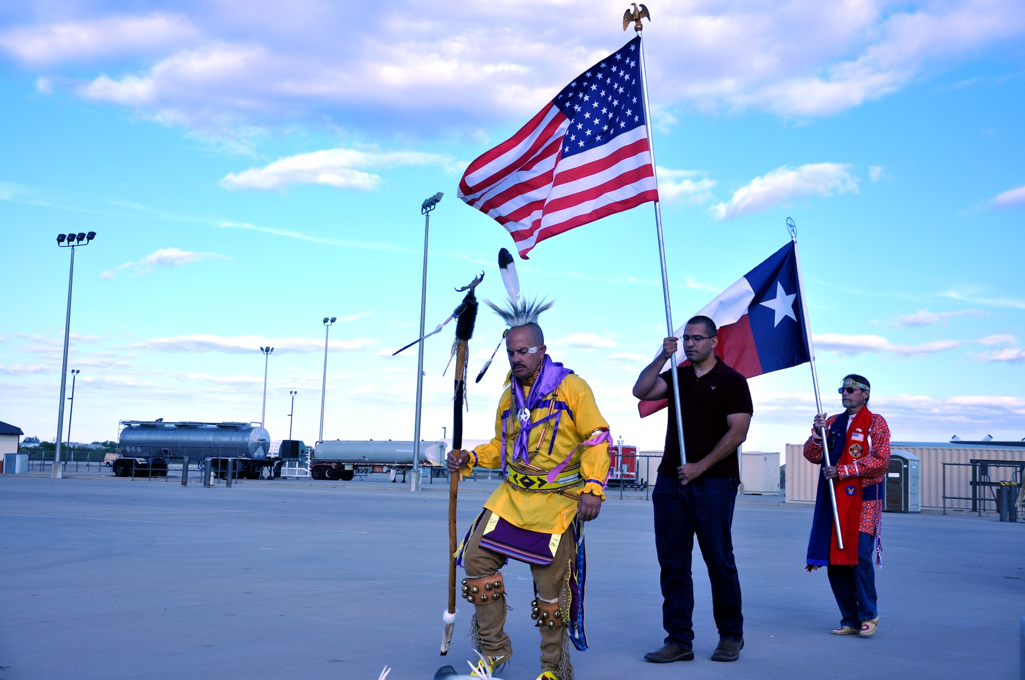 GOODFELLOW AIR FORCE BASE, Texas – Native American dancers performs at the Goodfellow Air Force Base Community Appreciation Day and 32nd Annual Santa’s Market at Louis F. Garland Fire Academy High Bay here Nov. 17. This also shows significance for Native American History Month which runs the entire month of November. (U.S. Air Force photo/ Airman 1st Class Jessica Keith)