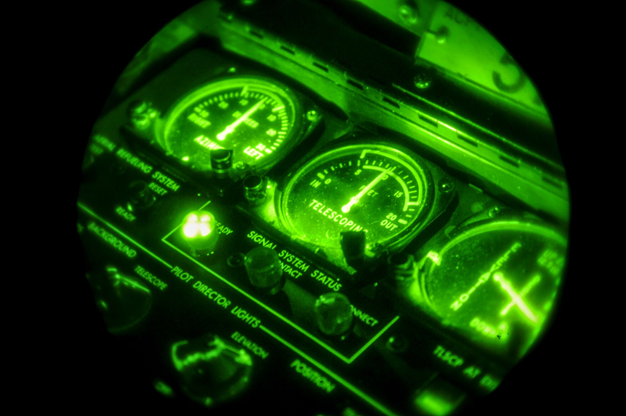 The dials of a 92nd Air Refueling Squadron KC-135 Stratotanker shows the boom telescoped to 10 feet while refueling a C-17 Globemaster III from the 62nd Air Mobility Wing at Joint Base Lewis-McChord, Wash., over Washington and Oregon, Nov. 15, 2012. The night operation provided aerial refueling for a mission-essential mobility aircraft and fulfilled Fairchild’s focus on fueling freedom. (U.S. Air Force photo by Senior Airman Benjamin Stratton)