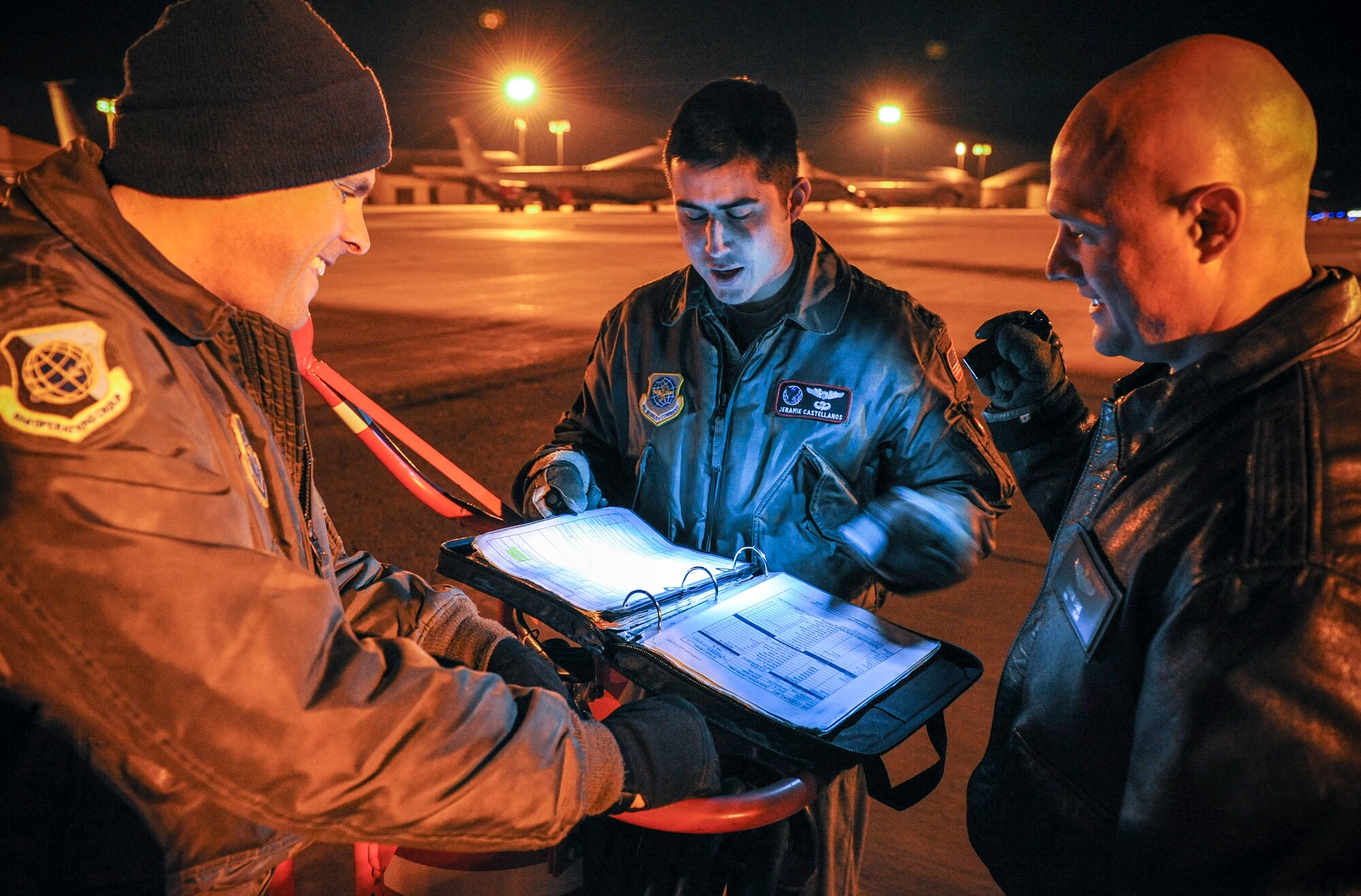 Fairchild aircrew members from the 92nd Air Refueling Squadron review flight plans in preparation for takeoff at Fairchild Air Force Base, Wash., Nov. 15, 2012. The crew refueled a C-17 Globemaster III from the 62nd Air Mobility Wing at Joint Base Lewis-McChord, Wash. (U.S. Air Force photo by Senior Airman Benjamin Stratton)