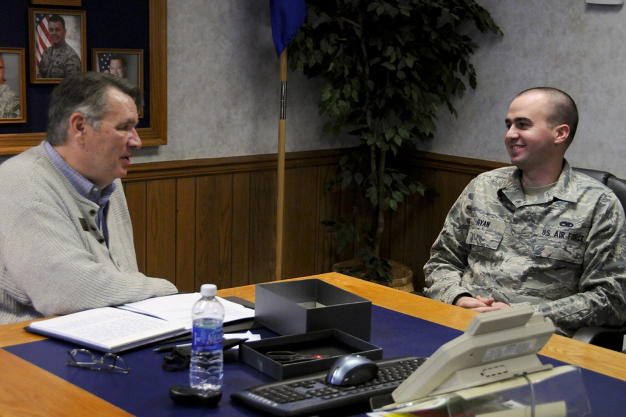 Dr. Roy Heidicker (left) host of Soundscope, talks to an Airman in the 916th Air Refueling Wing Maintenance Group on Sunday, Nov. 18, 2012. More than 50 members of the 916th Air Refueling Wing were interviewed for the popular radio program on WGBR 1150 AM. (USAF photo by Tech. Sgt. Scotty Sweatt, 916ARW/PA)