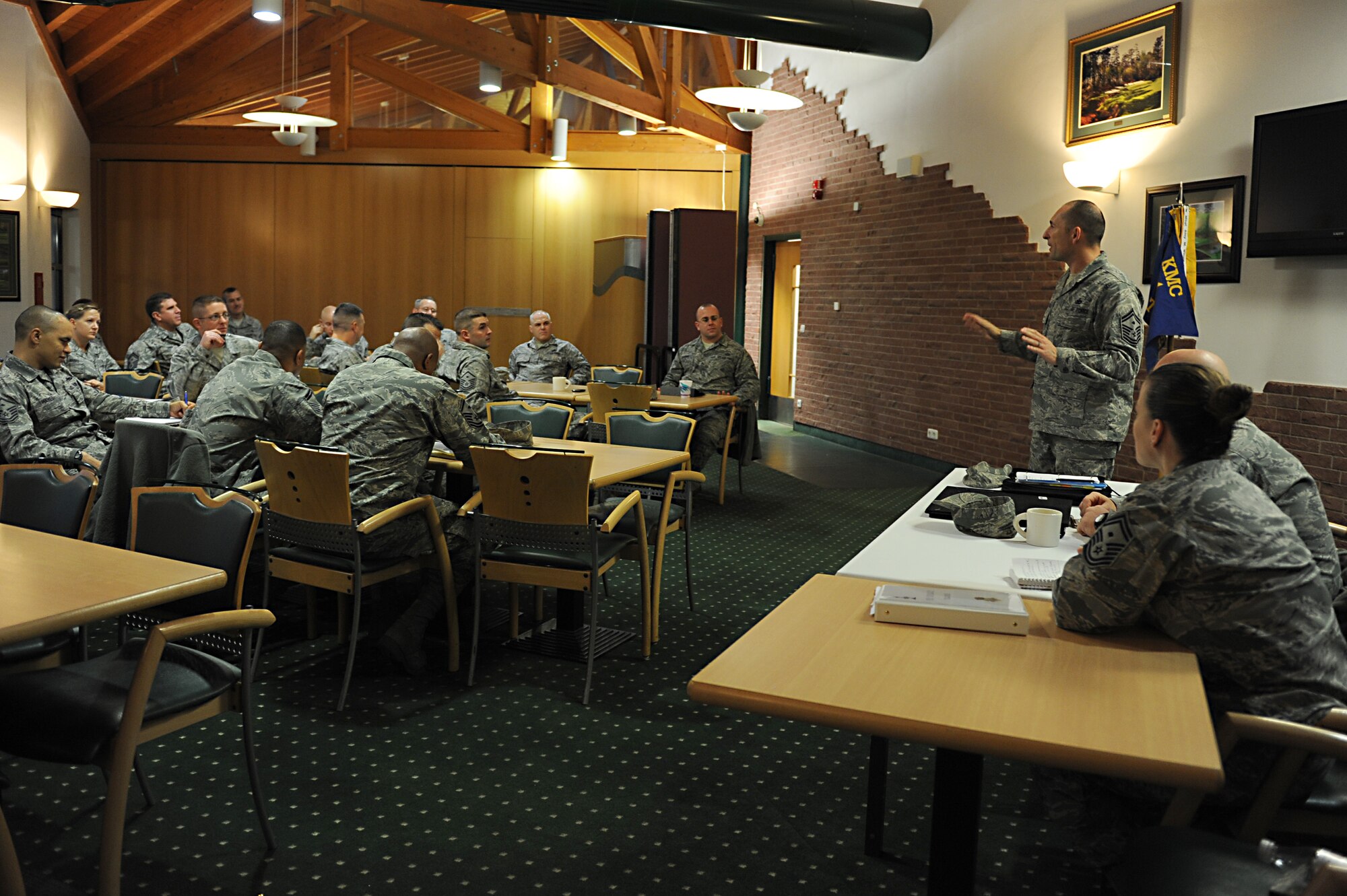 Members of the First Sergeant Association listen to a speaker at their weekly meeting at the Woodlawn Golf Course on Ramstein Air Base, Germany, Nov. 15, 2012. The first sergeants use knowledge, experience and skill to guide Airmen in the right direction around the Air Force. (U.S. Air Force photo/Airman 1st Class Holly Cook)
