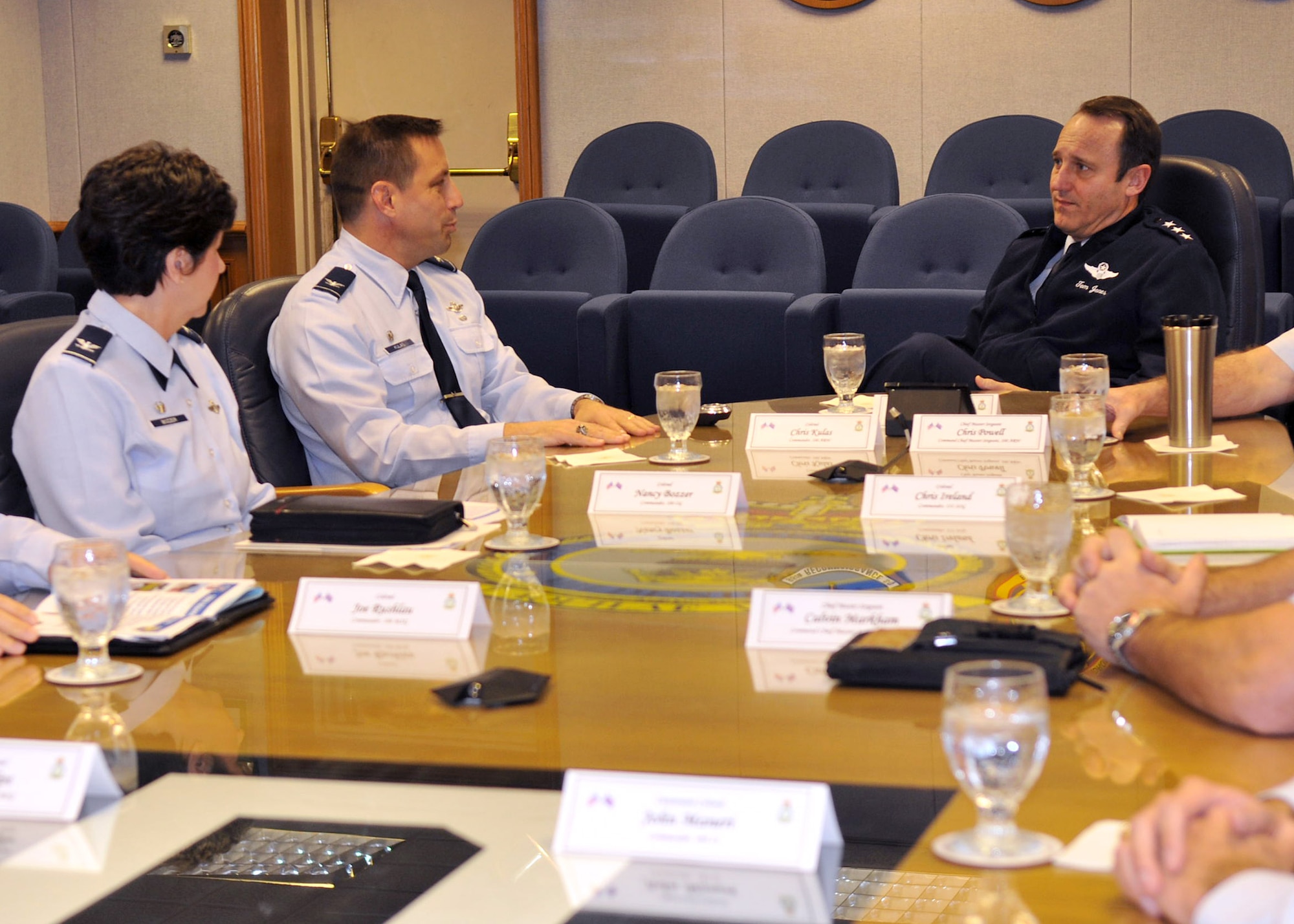 Lt. Gen. N. Tom Jones, U.S. Air Forces in Europe vice commander, Ramstein Air Base, Germany, speaks with Col. Christopher Kulas, 100th Air Refueling Wing commander, Col. Nancy Bozzer, 100th Operations Group commander and other Team Mildenhall commanders during a wing mission brief Nov. 19, 2012, at RAF Mildenhall, England. The general also visited RAF Lakenheath. (U.S. Air Force photo by Senior Airman Jerilyn Quintanilla/Released)