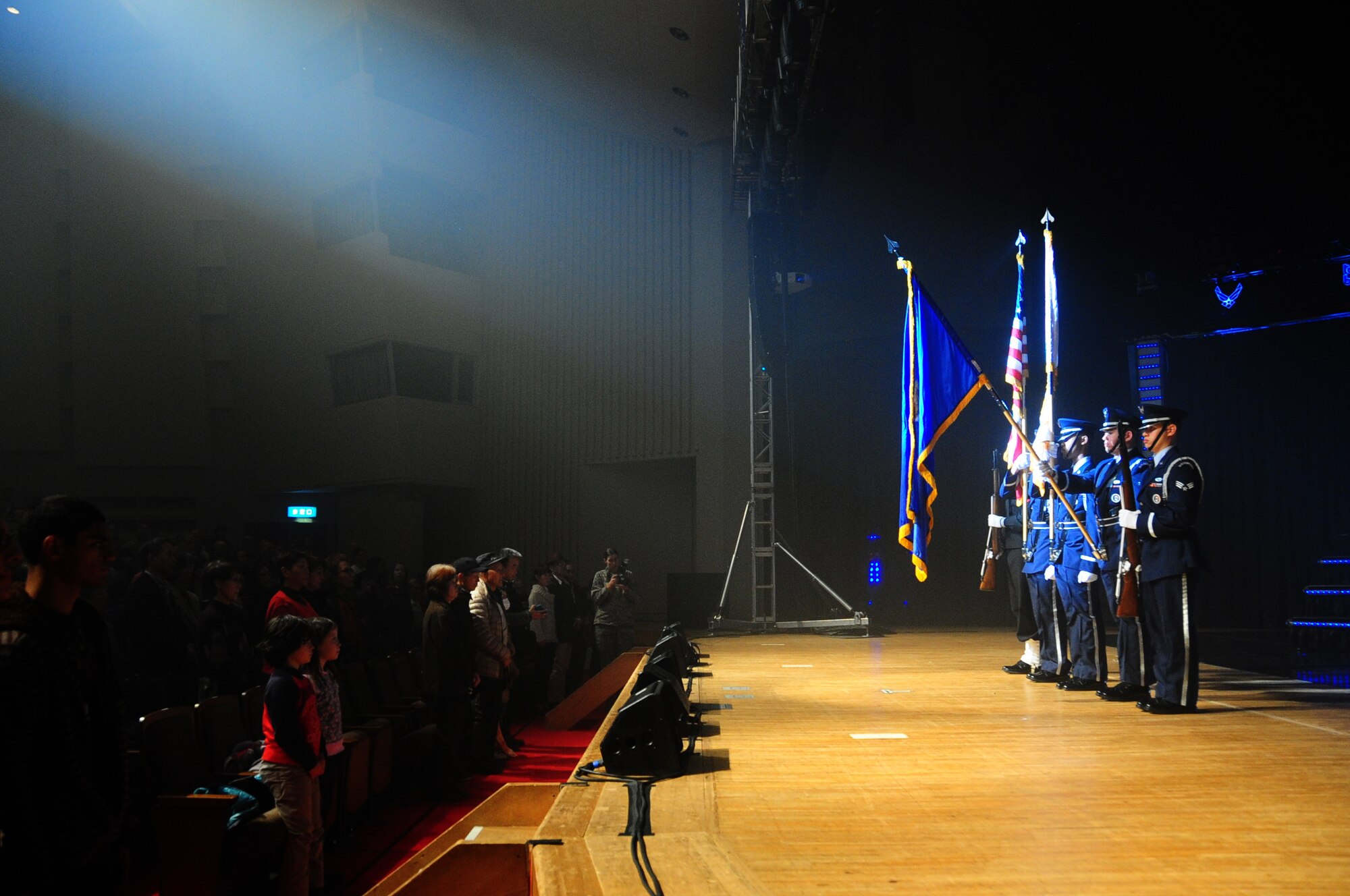 Joint servicemembers from the Misawa Air Base, Japan Honor Guard post the colors prior to a Tops In Blue concert, Nov. 14, 2012, at the Misawa City Civic Center, Japan. Tops In Blue, the Air Force’s premiere entertainment showcase comprised of more than 35 Airmen, provided entertainment for more than 800 Misawa Air Base residents and Japanese citizens. (U.S. Air Force photo by Staff Sgt. April Quintanilla) 