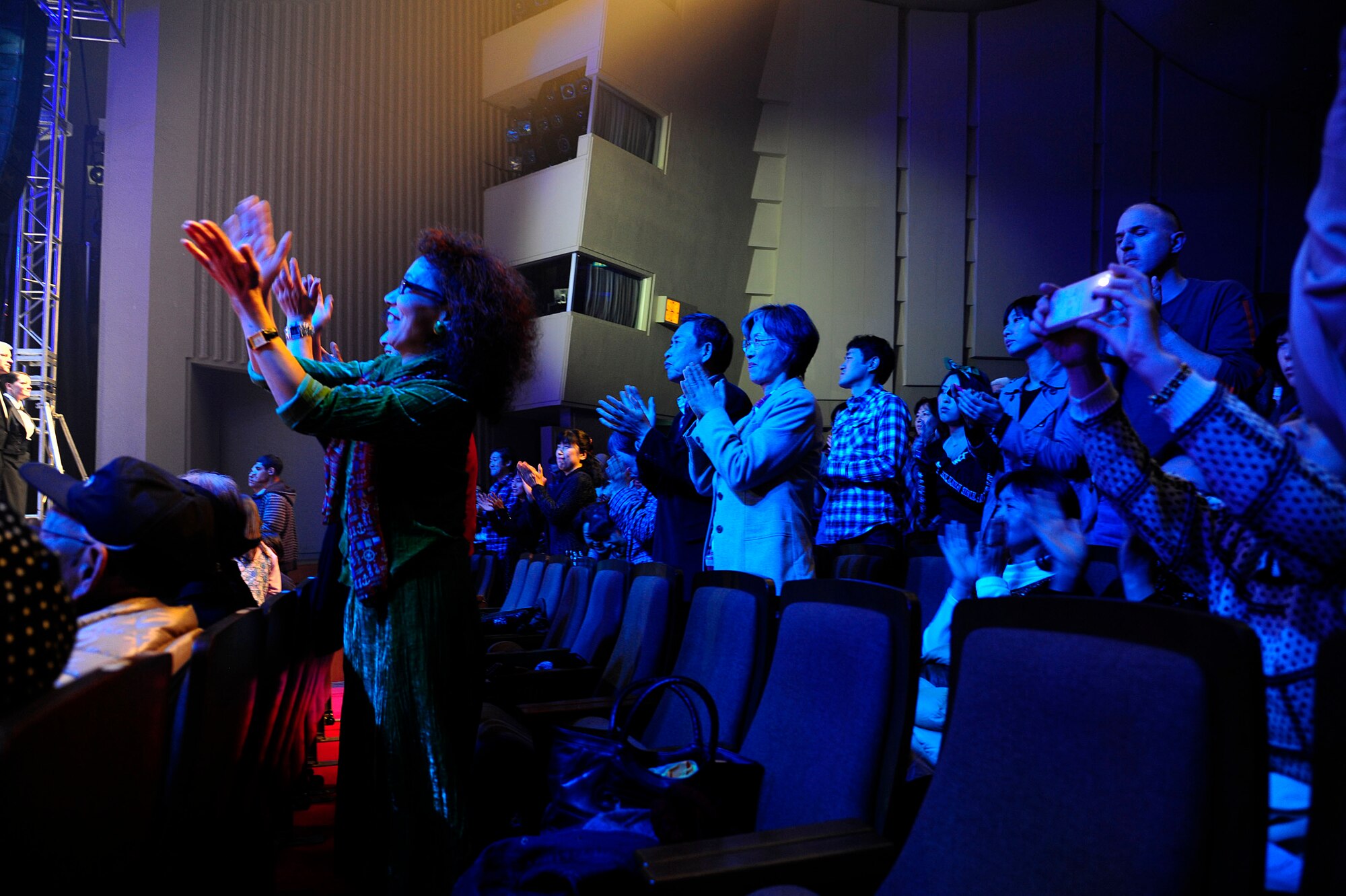 Japanese and Misawa Air Base community members from Misawa City, Japan enjoy performances by Tops In Blue, the Air Force’s premiere entertainment showcase, Nov. 14, 2012, at the Misawa City Civic Center, Japan. Tops in Blue visited Misawa as part of their 2012 world tour, which provides music, song and dance to audiences in more than 85 locations. (U.S. Air Force photo by Staff Sgt. Jess Lockoski)