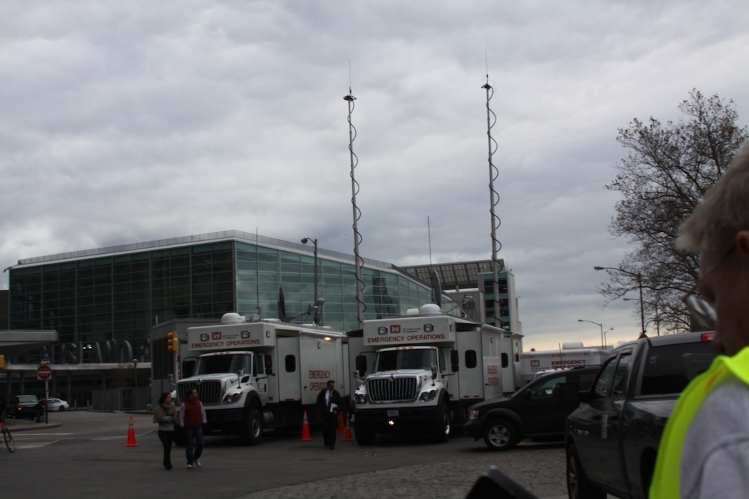 U.S. Army Corps of Engineers Deployable Tactical Operations System (DTOS) Emergency Command and Control Vehicles are positioned in Battery Park in lower Manhattan to provide assistance to the Corps' New York District, which is working with the city and state through FEMA to oversee the Dewatering mission there as well as other missions assigned by FEMA. (U.S. Army photo by Patrick Bloodgood)