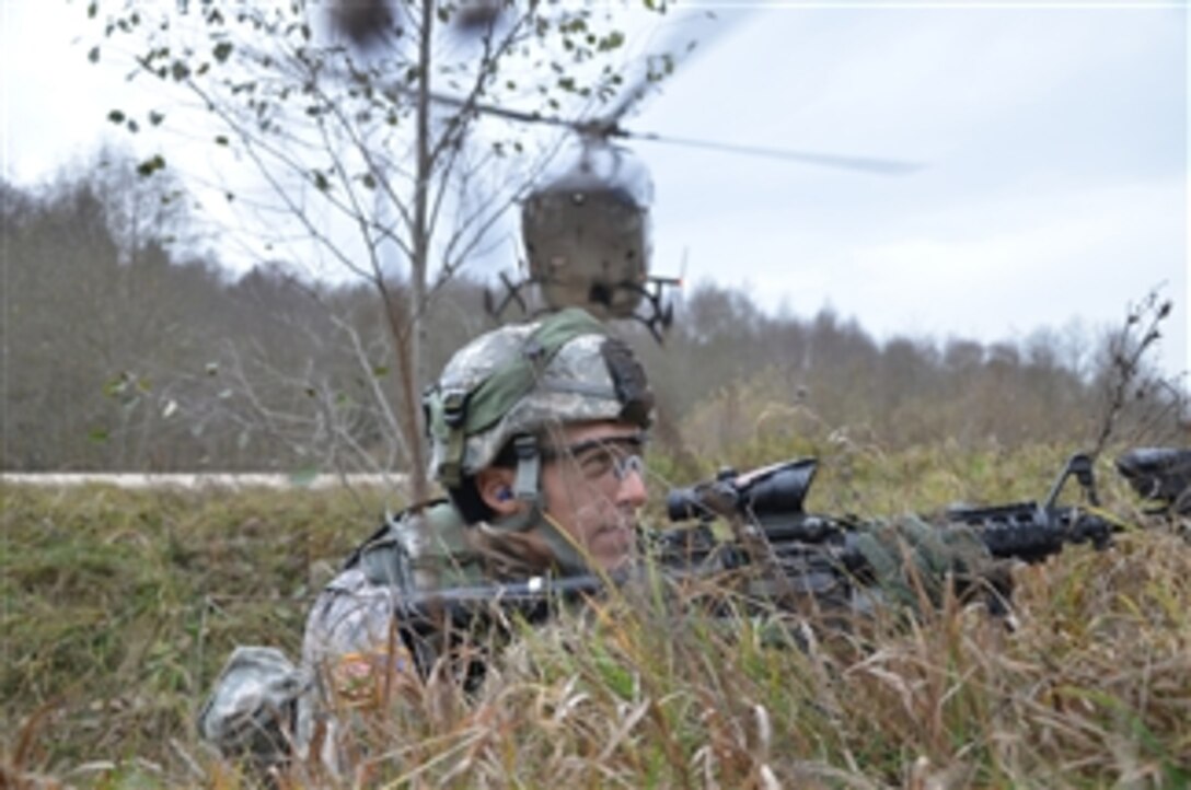 A U.S. Army soldier provides security for a landing zone during a situational training exercise at the Joint Multinational Readiness Center in Hohenfels, Germany, on Nov. 10, 2012.  The exercise is designed to prepare and train U.S. and multinational forces for medical evacuation and route clearance operations in the Afghanistan operational environment.  