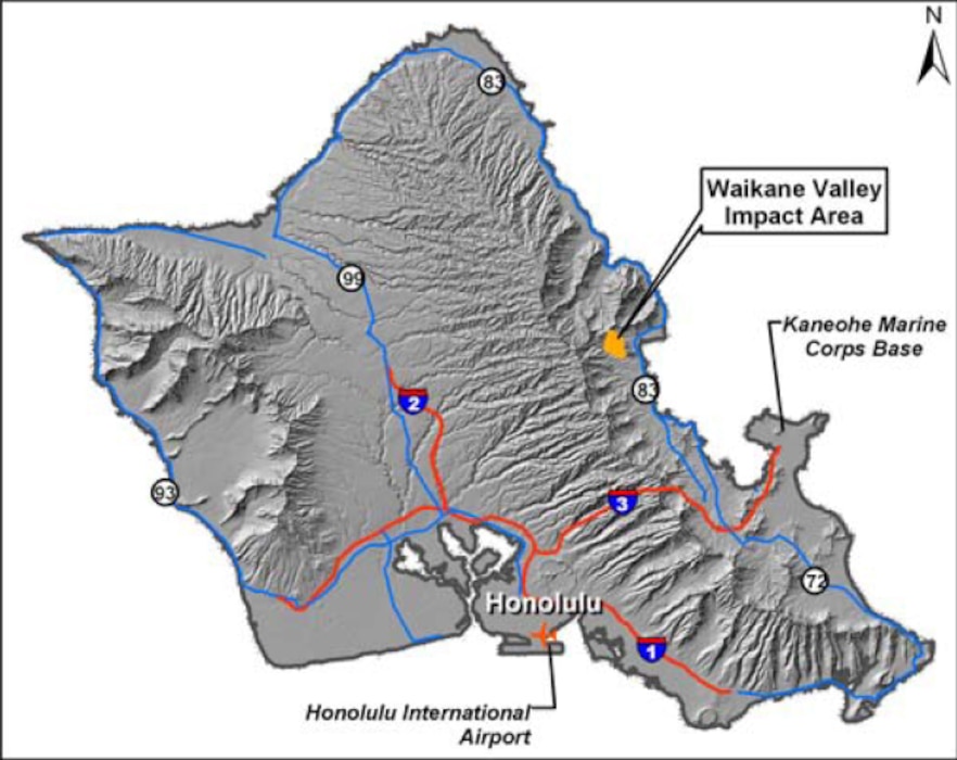 The Waikane Valley Impact Area is a 187 acre site that was used by the Marine Corps for training from 1953 to 1976. It is located within the Waikane Valley Training Area in the Waiahole and Waikane Valleys, on Oahu’s windward side (Kaneohe, Hawaii), approximately 10 miles northwest of Kaneohe Bay (see Figure 1). The former Waikane Valley Impact Area is part of the Navy and Marine Corps Munitions Response Program which is designed to assess site conditions and determine if actions are needed to reduce risks from munitions and  explosives of concern (MEC) comprised of unexploded ordnance (UXO), discarded military munitions, and/or munitions constituents (chemical components of munitions) that remain from past training activities.