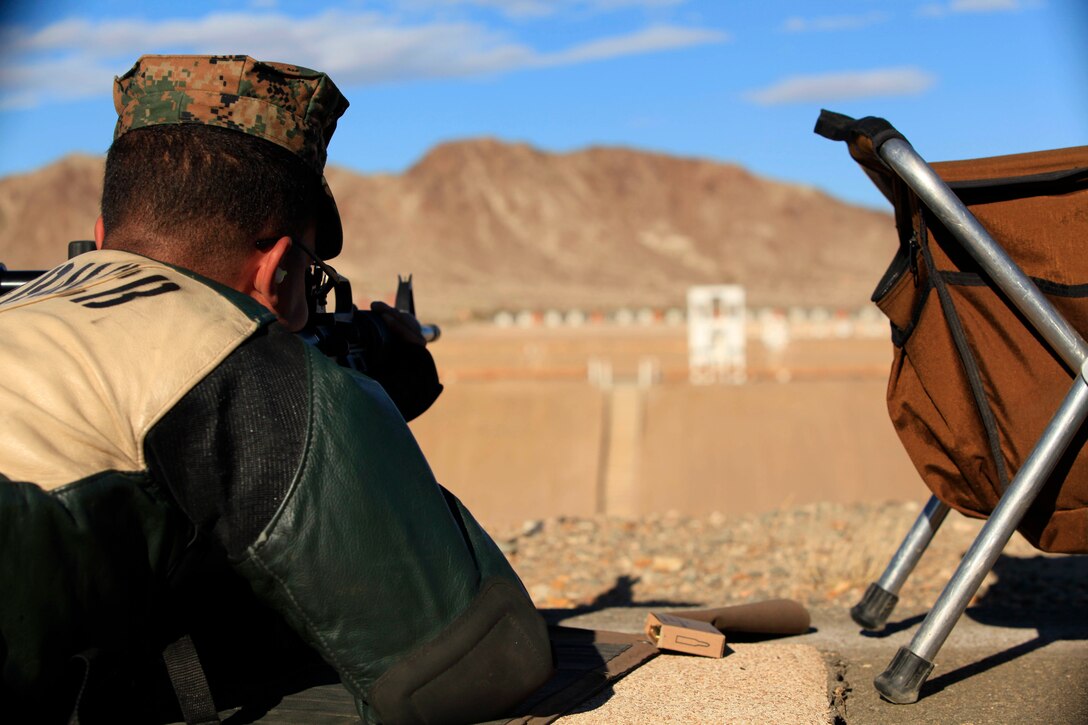 Cpl. Michael Iams, a member of the Camp Pendleton Shooting Team, takes a well-aimed shot from the 600-yard line during the National Rifle Association Match at the known-distance range here Nov. 17.