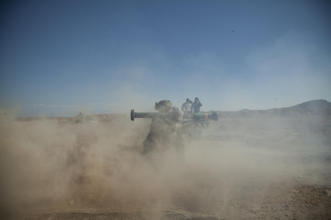 A Marine with U.S. Marine Corps Forces, Special Operations Command fires a shoulder-fired multi-purpoe assault weapon-disposable during live fire training on a base in Herat province, Afghanistan, Nov. 9, 2012. Afghan National Security Forces have been taking the lead in security operations, with coalition forces as mentors, to bring security and stability to the people of the Islamic Republic of Afghanistan. (U.S. Marine Corps photo by Sgt. Pete Thibodeau/Released)