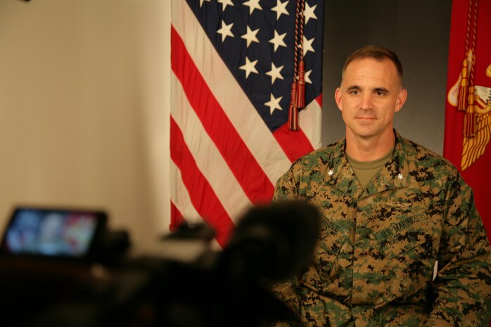 Lt. Col. Peter L. McArdle, Marine All-Weather Fighter Attack Squadron 224 commanding officer, records his 237th birthday message for family members of the "Fighting Bengals" in Beaufort, S.C. The Bengals are currently taking part in a Unit Deployment Program, which will require the squadron to spend six months in Iwakuni, Japan, and participate in various exercises in Guam and Thailand.