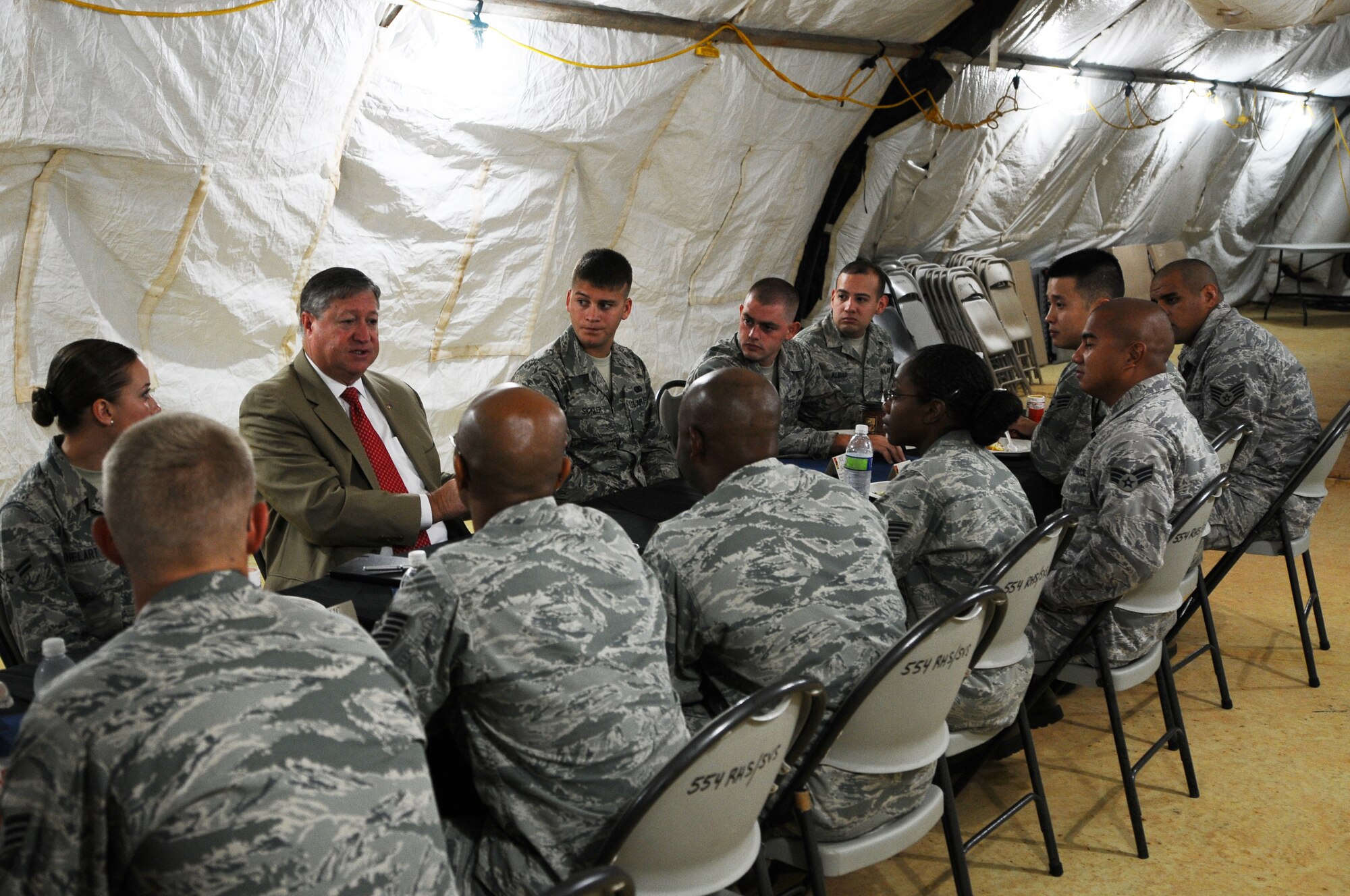 NORTHWEST FIELD, Guam— Secretary of the Air Force Michael Donley speaks to Airmen from Andersen Air Force Base during a visit here, Nov. 20, 2012. The secretary visited Andersen to thank Airmen for their service, address challenges ahead for the Air Force, and highlight the contributions the team provides to the Pacific theater of operations.  (U.S. Air Force photo by Senior Airman Carlin Leslie/Released)