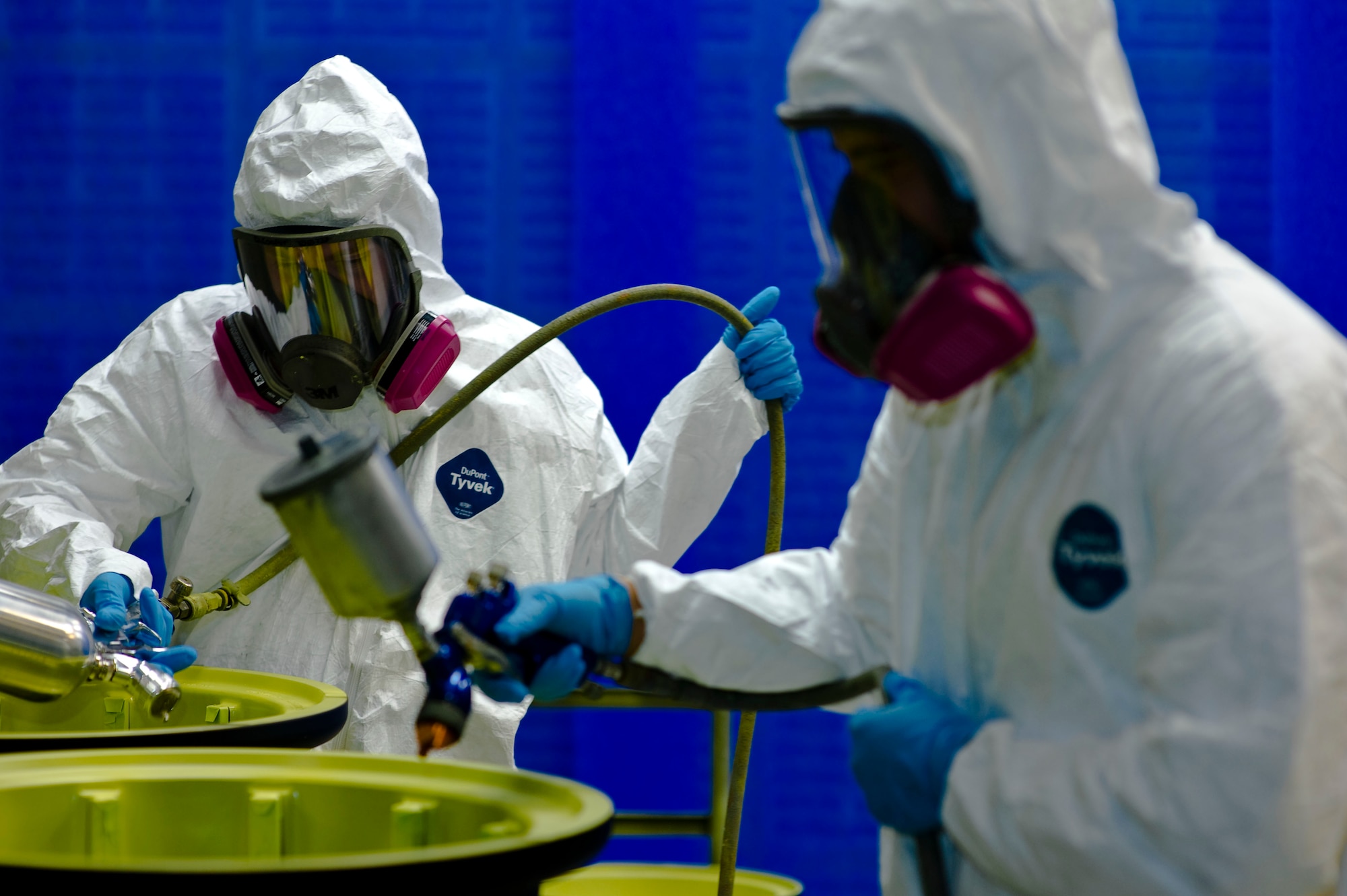 Senior Airman Daniel Cooper and Airman 1st Class Alekos Escalera, corrosion control specialists from the 1st Special Operations Equipment Maintenance Squadron, spray a protective organic coating over C-130 main landing gear wheels for routine maintenance. The duo are taking extra care to ensure proper corrosion treatment procedures are followed in preparation for the upcoming consolidated unit inspection happening early next year. 

(DoD photo by Air Force Tech. Sgt. Vanessa Valentine) RELEASED

