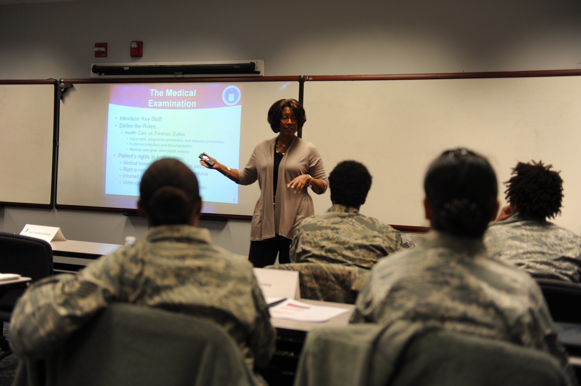 Pamela Dorsey, Scott AFB Sexual Assault Response Coordinator, teaches a course recently as part of the training for new sexual assault victim advocates. During the training, servicemembers learned about restricted and unrestricted reporting, legal and investigation procedures, ways to take care of the client and themselves, and chaplain and mental health services. (U.S. Air Force photo/Staff Sgt. Maria Bowman)