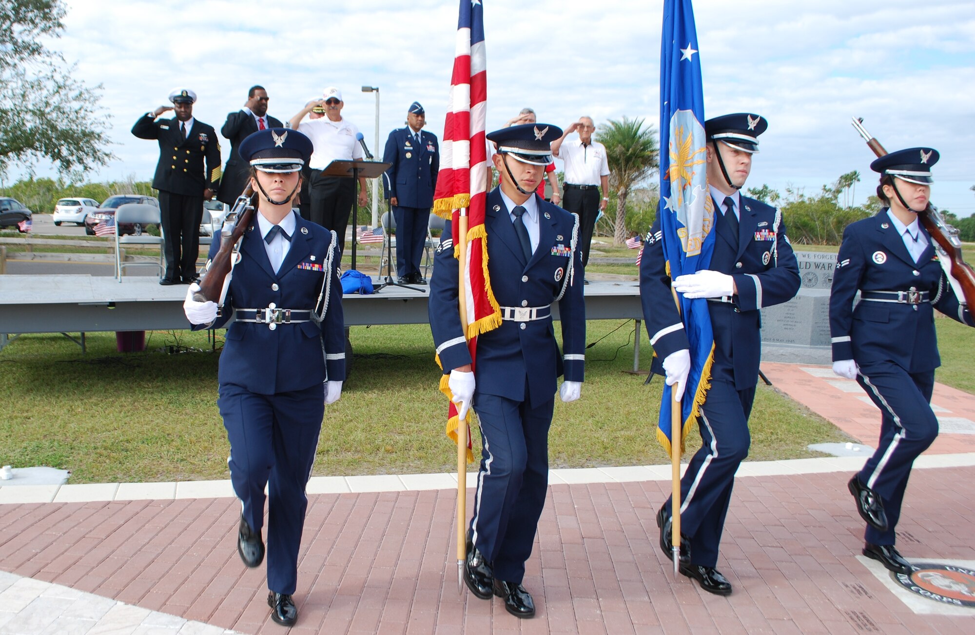 Members of the 45th Space Wing Honor Guard post the colors during the 2012
Veterans Day event held Nov. 10 at the Brevard Veterans Memorial Center
in Merritt Island. 

Photo by Chris Calkins