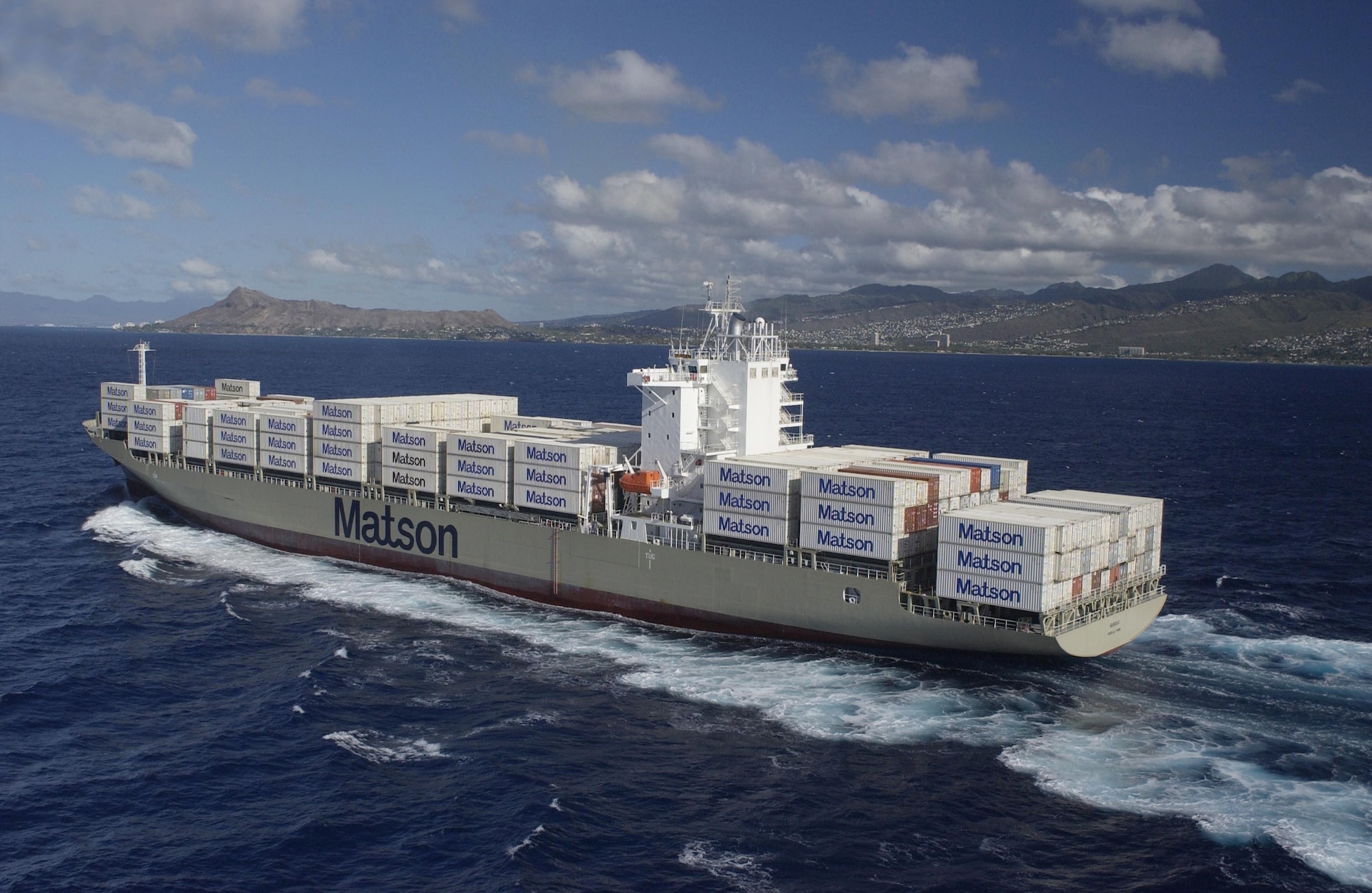 The Manukai, a Matson commercial container ship, based here assisted with the rescue of a U.S. Air Force F-16 Fighting Falcon pilot, who had to eject from his aircraft in the North Pacific in July. (Courtesy photo)