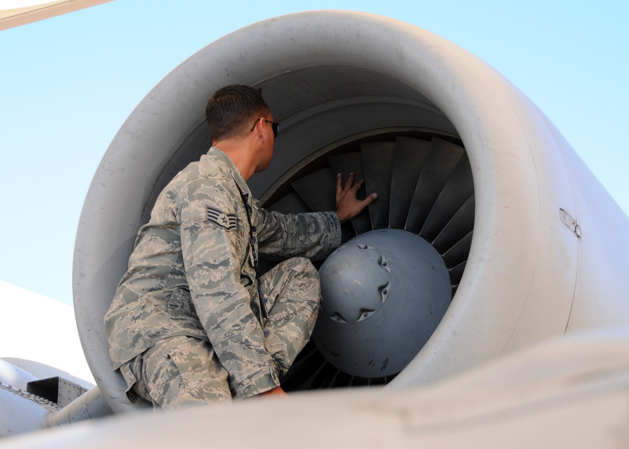 Staff Sgt. Justin Folk, 924th Maintenance Squadron, crew chief, does an intake and exhaust inspection on an A-10C November 3 while preparing the aircraft for flight. The 924th Fighter Group reached a major milestone during the November Unit Training Assembly by conducting  A-10 formal course pilot training sorties. (U.S. Air Force Photo by Tech. Sgt. Louis Vega)