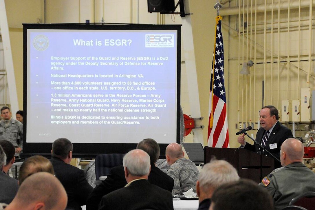 U.S. Air Force Brigadier General (ret.) Jay Sheedy speaks to a crowd of distinguished guests during an ESGR benefit on Wednesday, Nov. 14, 2012 the 182nd Airlift Wing in Peoria, Ill. (U.S. Air Force photo by Tech Sgt.Todd Pendleton/Released).