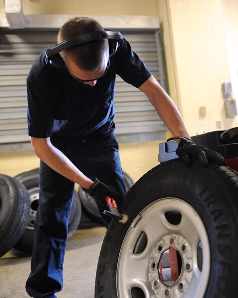 Airman 1st Class Kenneth Bates, 2nd Logistics Readiness Squadron Allied Trades section journeyman, hammers a weight onto a tire rim on Barksdale Air Force Base, La., Nov. 19. When a wheel is unbalanced, weights are placed on the side of a tire to make it balanced for driving. An unbalanced tire creates uncomfortable driving conditions including vibrations in the vehicle and difficulty steering. (U.S. Air Force photo/Airman 1st Class Benjamin Gonsier)(RELEASED)
