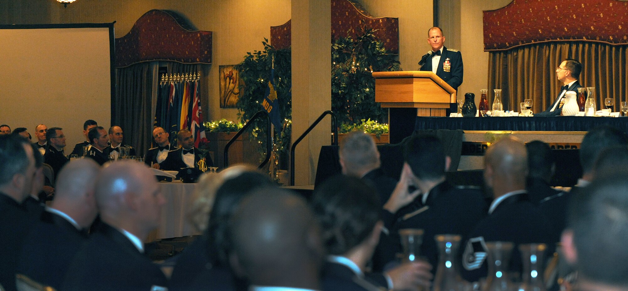 MINOT AIR FORCE BASE, N.D. -- Maj. Gen. Stephen W. Wilson, Eighth Air Force commander, addresses Airmen during the 5th Bomb Wing Dining In here, Nov. 16. The Dining In served as an opportunity for Airmen to bond with fellow co-workers and members of other units in an afternoon of companionship. (U.S. Air Force photo/Senior Airman Jose L. Hernandez)