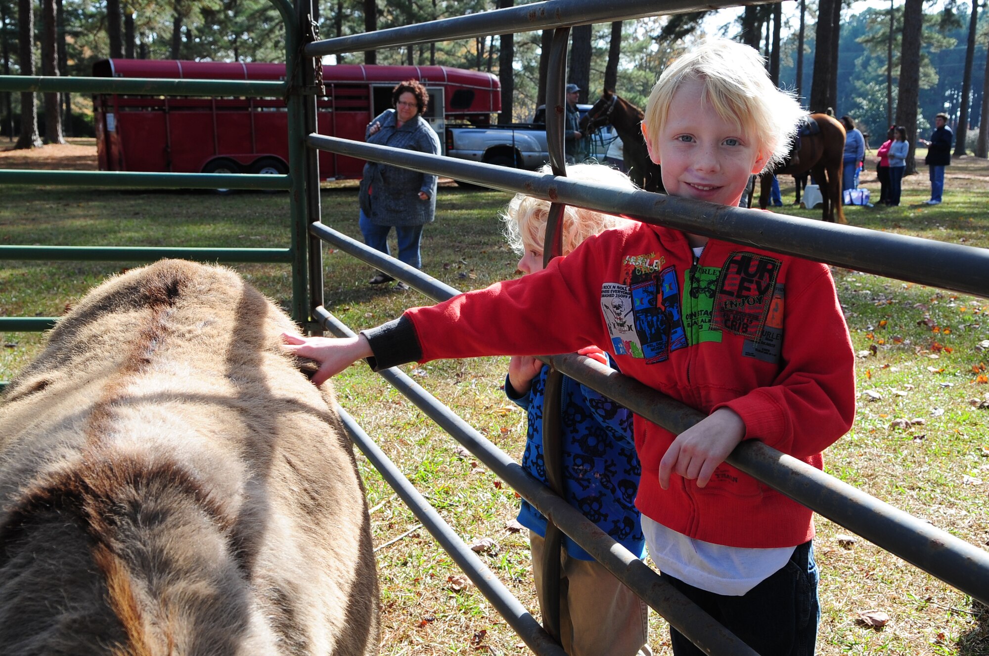 Nathan Eubanks, 7, pets a donkey during the Month of the Military Family Block Party on Seymour Johnson Air Force Base, N.C., Nov. 17, 2012. A local therapeutic petting zoo brought various animals to the event for families to enjoy. Eubanks is the son of U.S. Air Force Staff Sgt. Rick Eubanks, a 4th Civil Engineer Squadron power production craftsman. (U.S. Air Force photo/Airman 1st Class Aubrey White/Released)