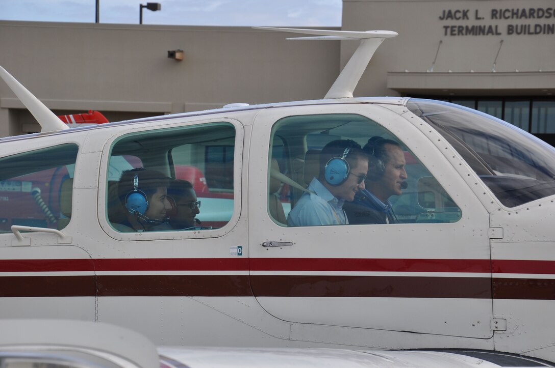 Col. Andrew Brabson, 47th Operations Group commander, prepares to take off with a group of Young Eagles at the Del Rio International Airport Nov. 17, 2012. The Young Eagles program began in 1992 to give interested young people the opportunity to fly in general aviation aircraft free of charge through the support of the Experimental Aircraft Association and its member volunteers. (U.S. Air Force Photo/2nd Lt. David Tart)