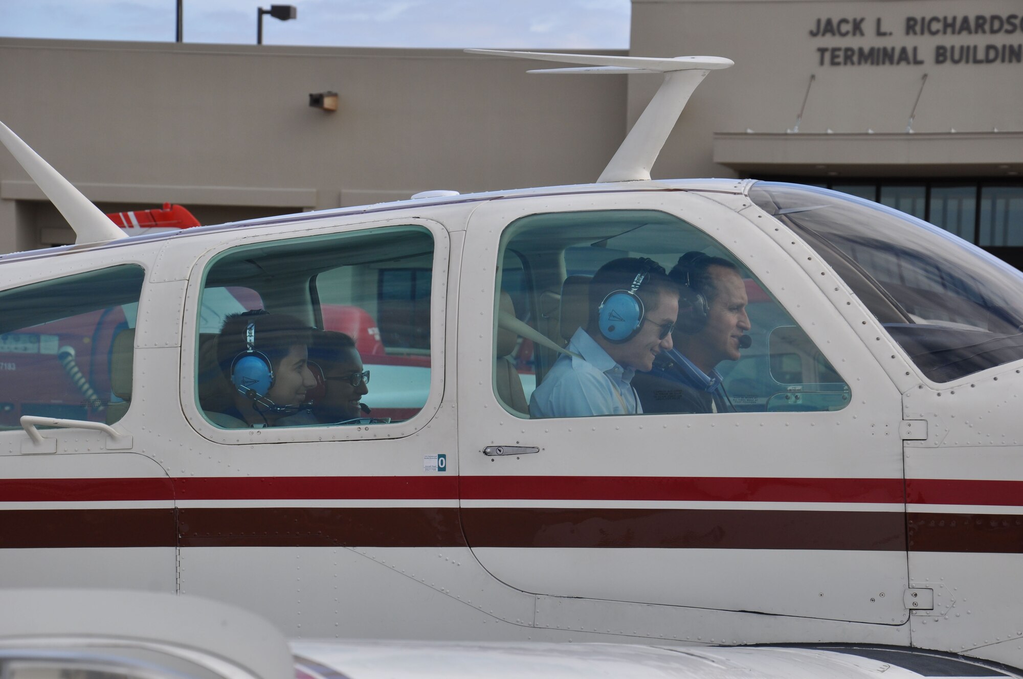 Col. Andrew Brabson, 47th Operations Group commander, prepares to take off with a group of Young Eagles at the Del Rio International Airport Nov. 17, 2012. The Young Eagles program began in 1992 to give interested young people the opportunity to fly in general aviation aircraft free of charge through the support of the Experimental Aircraft Association and its member volunteers. (U.S. Air Force Photo/2nd Lt. David Tart)