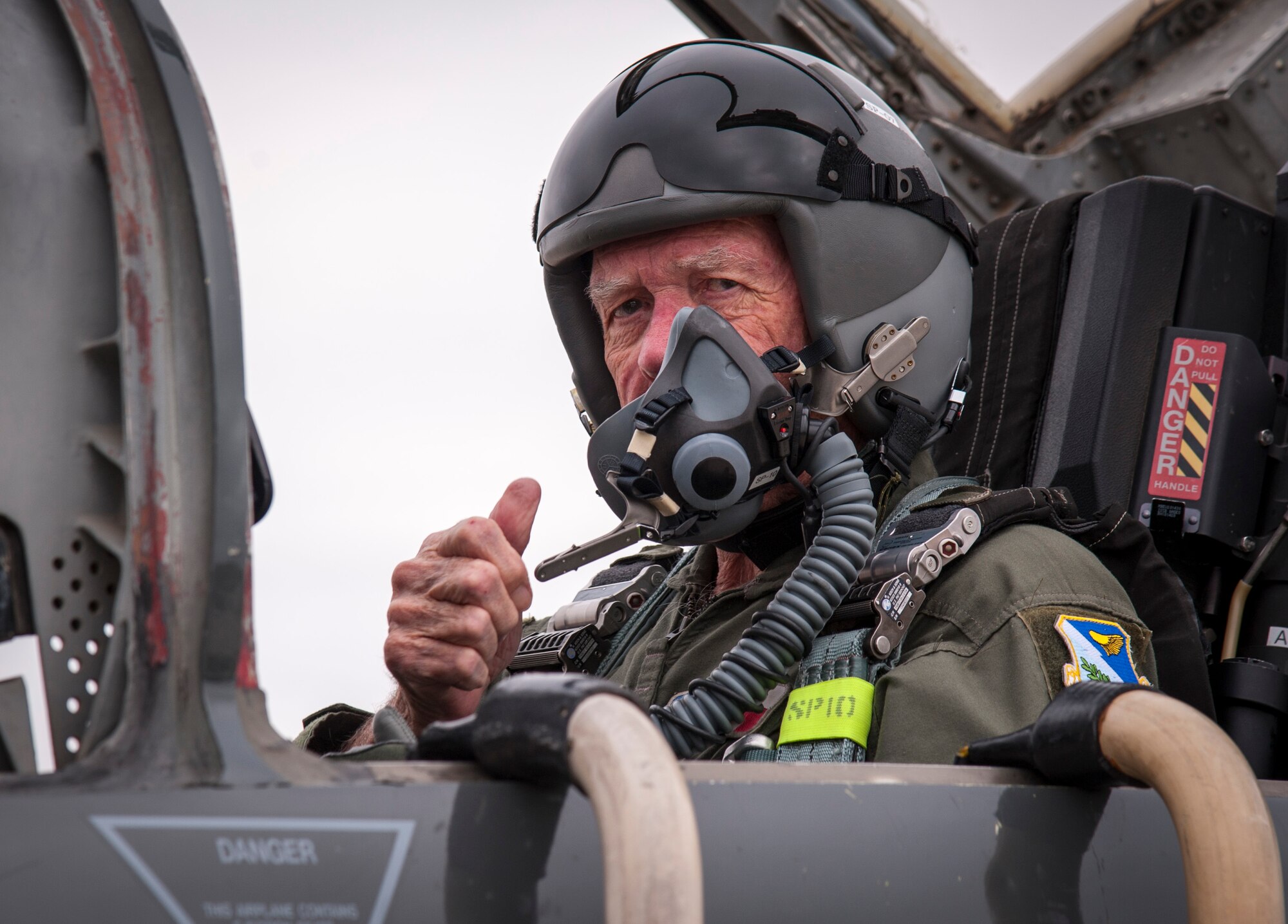 Oliver “Ollie” Crawford, an American airpower legend, gives a thumbs up after his flight in a T-38 Talon from Laughlin Air Force Base, Texas, Nov. 16, 2012. Crawford was invited to speak with Laughlin’s latest class of graduating pilots and then flew with the 87th Flying Training Squadron in a T-38. (U.S. Air Force photo/Airman 1st Class Nathan Maysonet)  