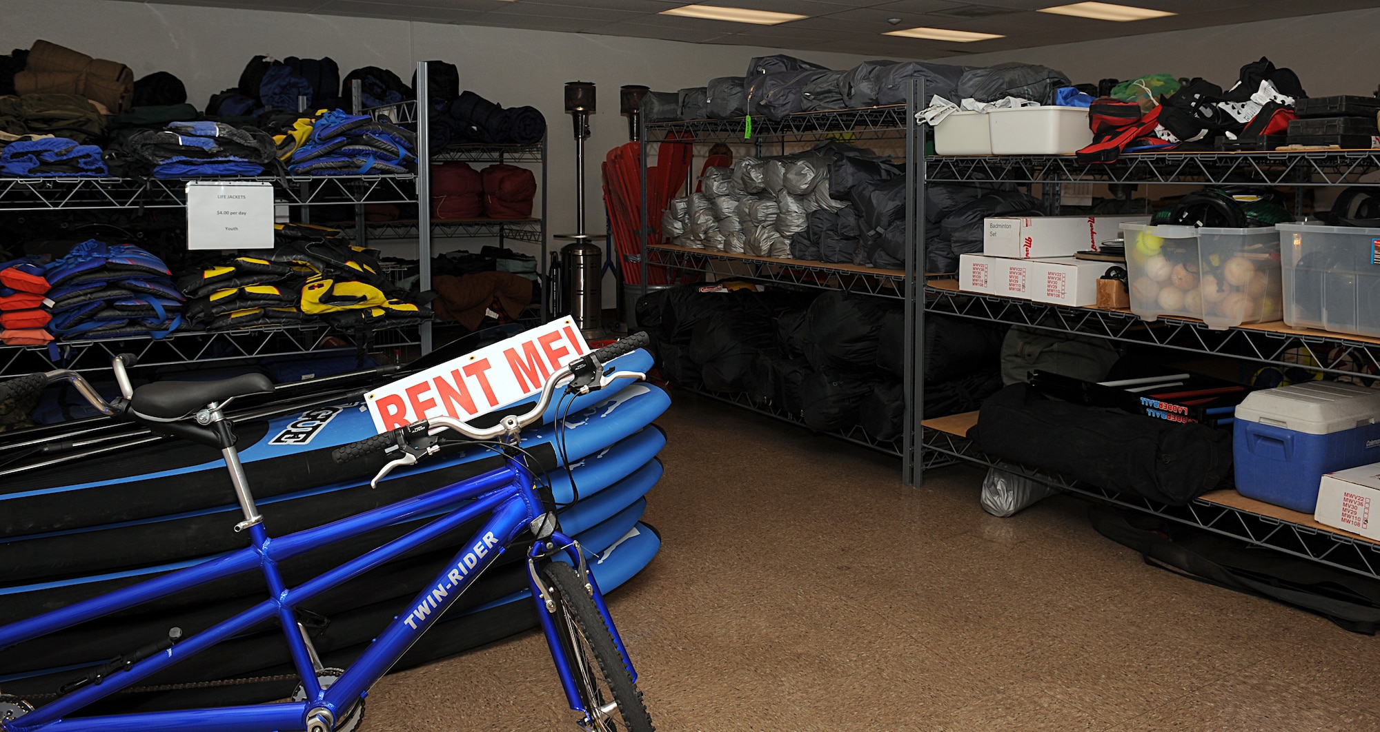 Equipment and items offered by the Outdoor Recreation center sits in a storage room on Davis-Monthan Air Force Base, Ariz., Nov. 14, 2012. Outdoor Recreation rents outdoor equipment and items to all U.S. Armed Forces members, retirees, and civilian Department of Defense employees. The equipment ranges from bicycles and tables to kayaks and campers. (U.S. Air Force photo by Senior Airman Timothy Moore/Released)