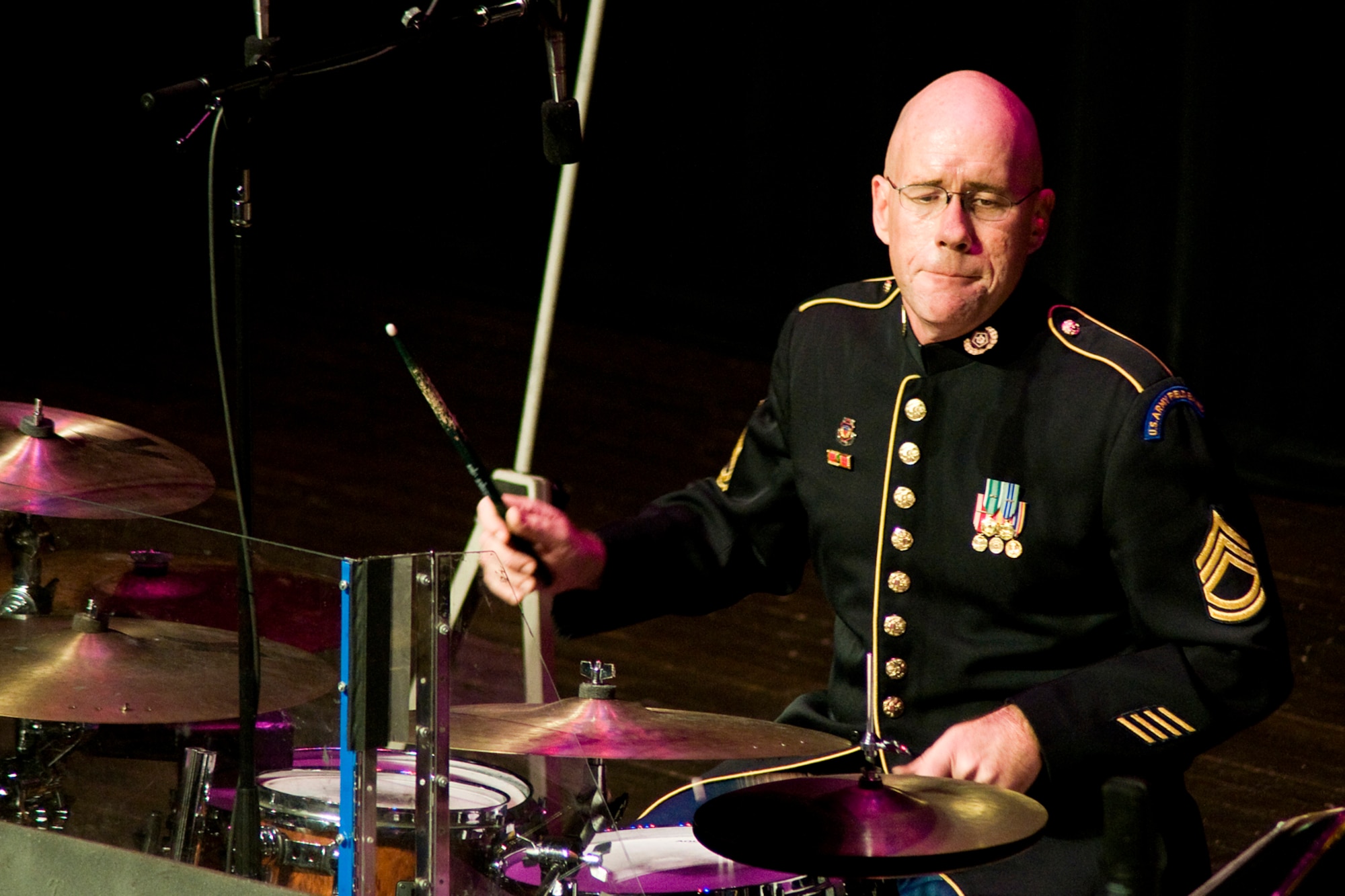 GRISSOM AIR RESERVE BASE, Ind. -- Sgt. 1st Class Todd Harrison, a member of the U.S. Army Field Band's Jazz Ambassadors, plays the drums during a special Veterans Day concert held at the Honeywell Center in nearby Wabash, Ind., Nov. 12. The Jazz Ambassadors are the official touring big band of the U.S. Army. (U.S. Air Force photo/Tech. Sgt. Mark R. W. Orders-Woempner)
