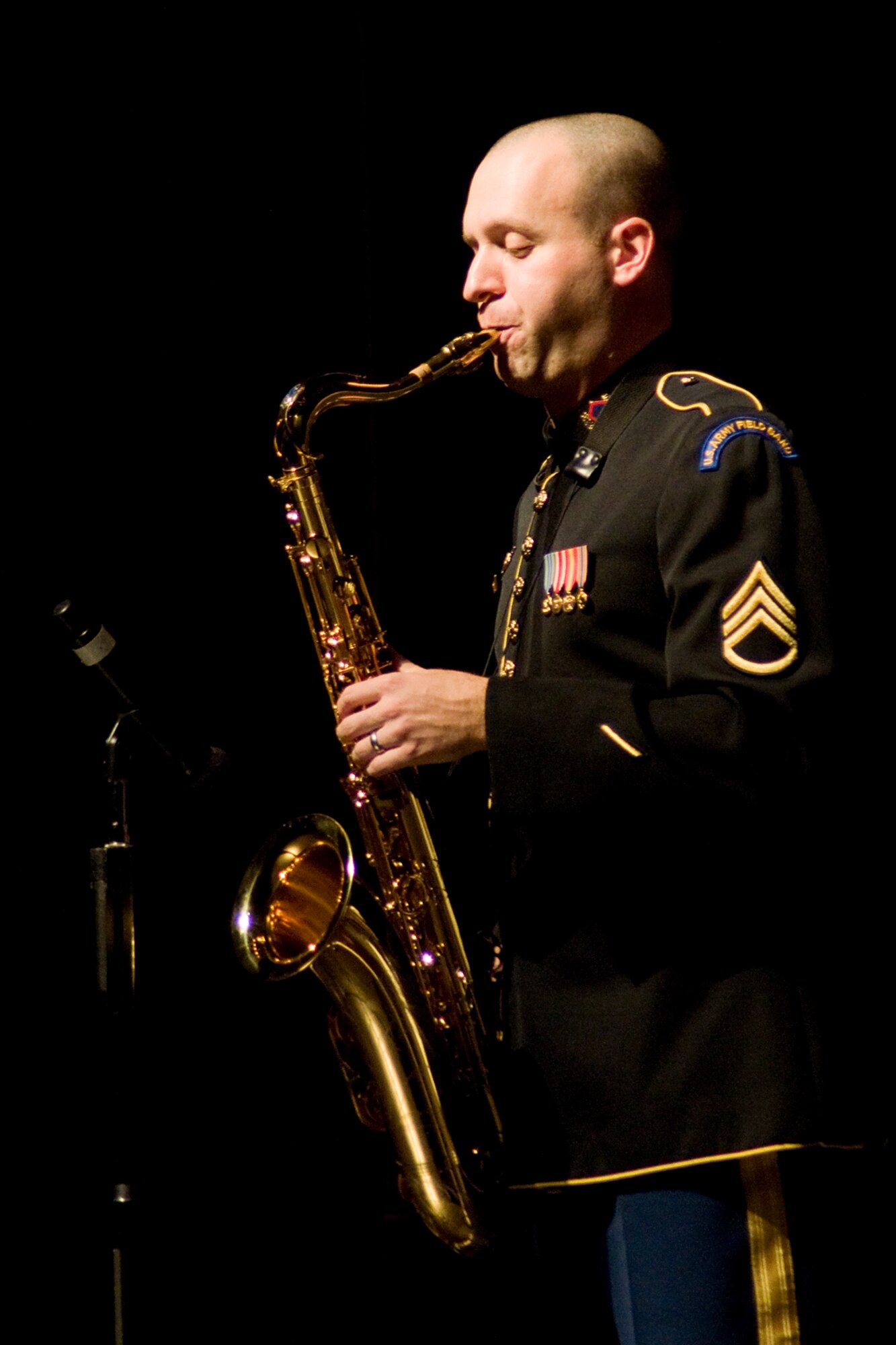 GRISSOM AIR RESERVE BASE, Ind. -- A member of the U.S. Army Field Band's Jazz Ambassadors, performs a saxophone solo at a special Veterans Day concert at the Honeywell Center in nearby Wabash, Ind., Nov. 12. The Jazz Ambassadors is the official touring big band of the U.S. Army. (U.S. Air Force photo/Tech. Sgt. Mark R. W. Orders-Woempner)
