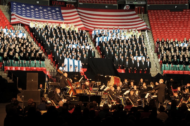 The Utah National Guard's 23rd Army Band and a 600-voice combined choir from Granite School District high schools performs at the Utah National Guard's 57th annual Veterans Day concert at the University of Utah's Jon M. Huntsman Center, Nov. 10. (U.S. Air Force photo by Senior Airman Lillian Harnden)(RELEASED)