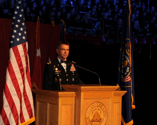 Guest speaker Maj. Gen. Jefferson Burton, the Adjutant General of the Utah National Guard, addressed the audience during the 57th annual Veterans Day concert at the University of Utah's Jon M. Huntsman Center, on Nov. 10. Burton dedicated the night's performance to veterans who served in the past, and to veterans who are currently in harm's way. (U.S. Air Force photo by Senior Airman Lillian Harnden)(RELEASED)