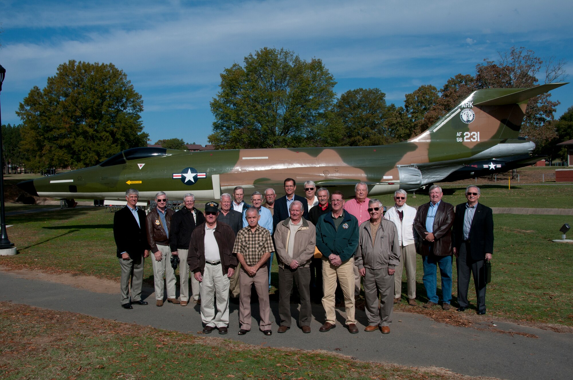 Retired maintainers and pilots that flew and worked on the RF-101 stand
in front of the recently moved static display at the Little Rock Air Force
Base Hertitage Air Park on Oct. 31, 2012. Over 20 of the aircrew attended
the ceremony and luncheon held at the air park and 189th Airlift Wing
Operations Group.