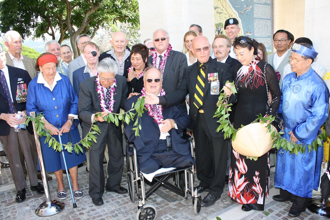 Special guests U.S. Rep. Colleen Hanabusa; Hawaii Gov. Neil Abercrombie; Max Cleland, secretary for the American Battle Monuments Commission; and U.S. Sen. Daniel Akaka dedicate the Vietnam War Pavilion during the annual Veterans Day Ceremony at the National Cemetery of the Pacific at Punchbowl, Nov. 11. The U.S. Army Corps of Engineers-Honolulu District managed the construction project for ABMC.
