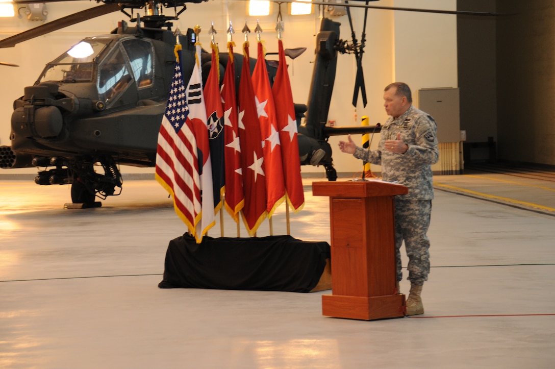 Gen. James D. Thurman, Commander, United Nations Command, Combined Forces Command, and U.S. Forces Korea addresses an audience at the ribbon cuttong ceremony for the new “Super Hangar” at U.S. Army Garrison Humphreys Nov. 19.  
