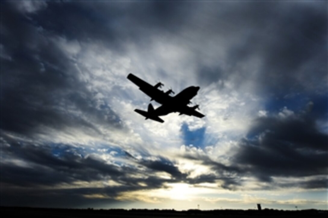 A U.S. Air Force C-130 Hercules takeoffs from Little Rock Air Force Base, Ark. on Nov. 14, 2012.  Team Little Rock is the home of C-130 combat airlift and the world’s largest C-130 fleet.  