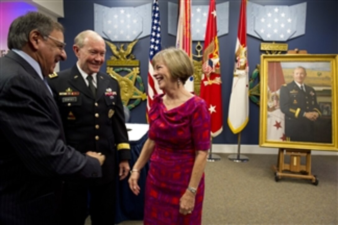 Secretary of Defense Leon E. Panetta, left, congratulates Chairman of the Joint Chiefs of Staff Gen. Martin E. Dempsey and his wife Deanie at the unveiling of his portrait as the 37th Chief of Staff of the Army in the Pentagon on Nov. 20, 2012.  