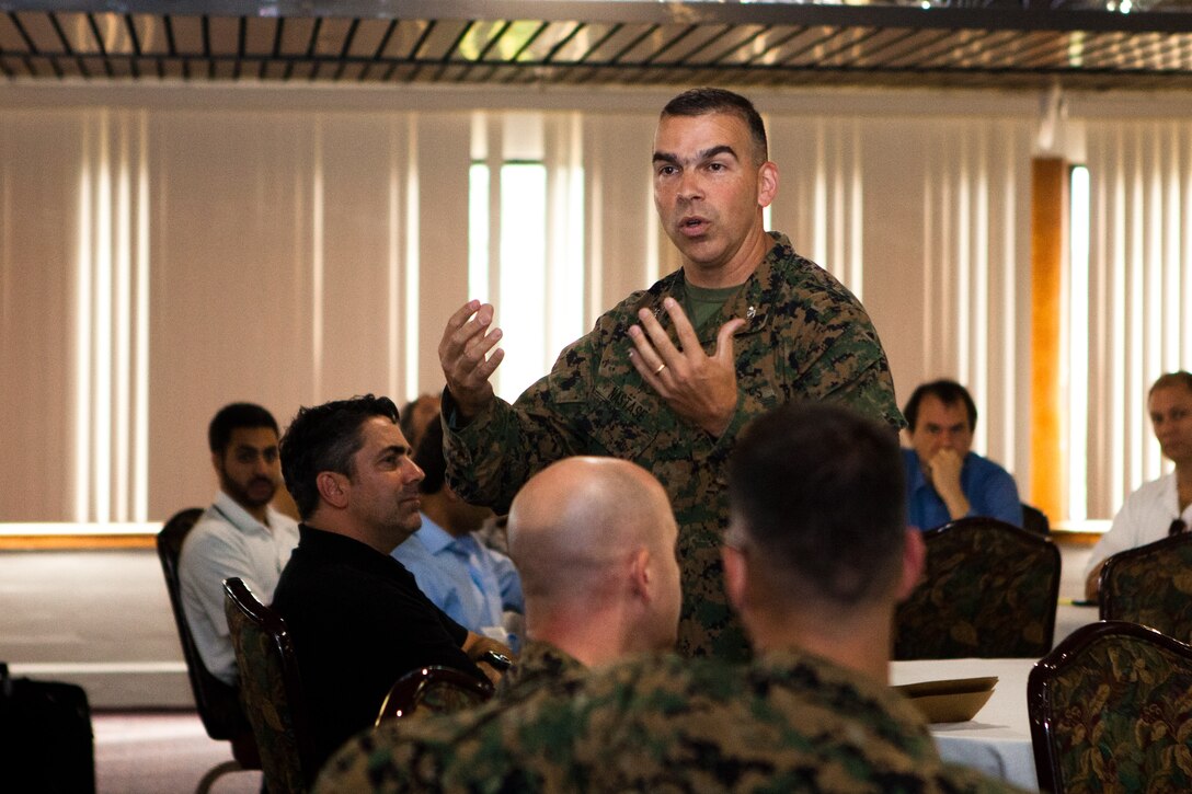 Col. Nathan I. Nastase, commanding officer of 3rd Marine Regiment, 3rd Marine Division, speaks at the Officers’ Club here Nov. 16 during Agile Bloodhound 2012. Agile Bloodhound was conducted in order to highlight research and development efforts and associated technologies that support Marine expeditionary warfighters.